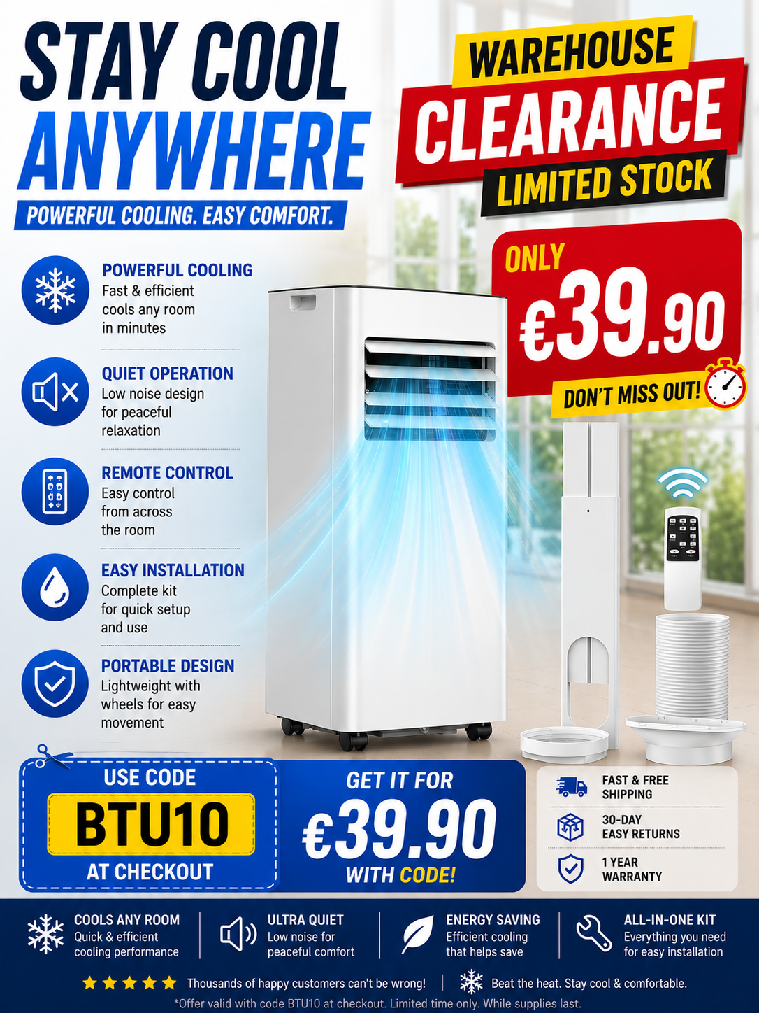 Portable Air Conditioners Cool Up to 350/450 Sq.Ft, 4 Modes Portable AC Unit with Remote Control