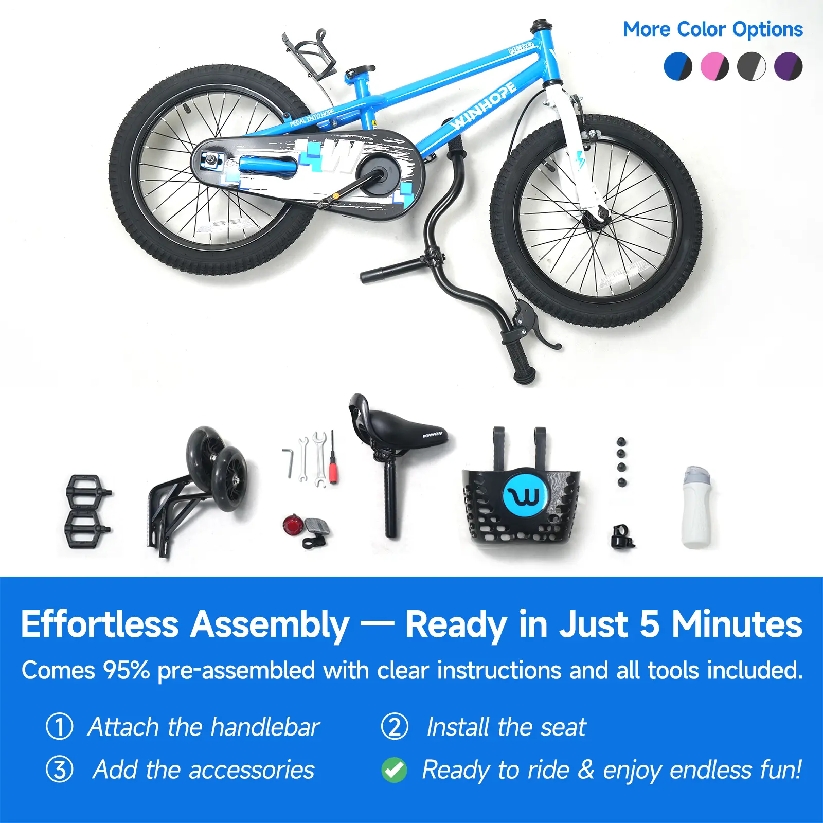 WINHOPE Hero Kids Bike for Ages 2–9 | 12–18 Inch with LED Training Wheels, Front Basket & Water Bottle Holder | 95% Pre-Assembled, Dual Brakes, Adjustable Seat & Handlebars