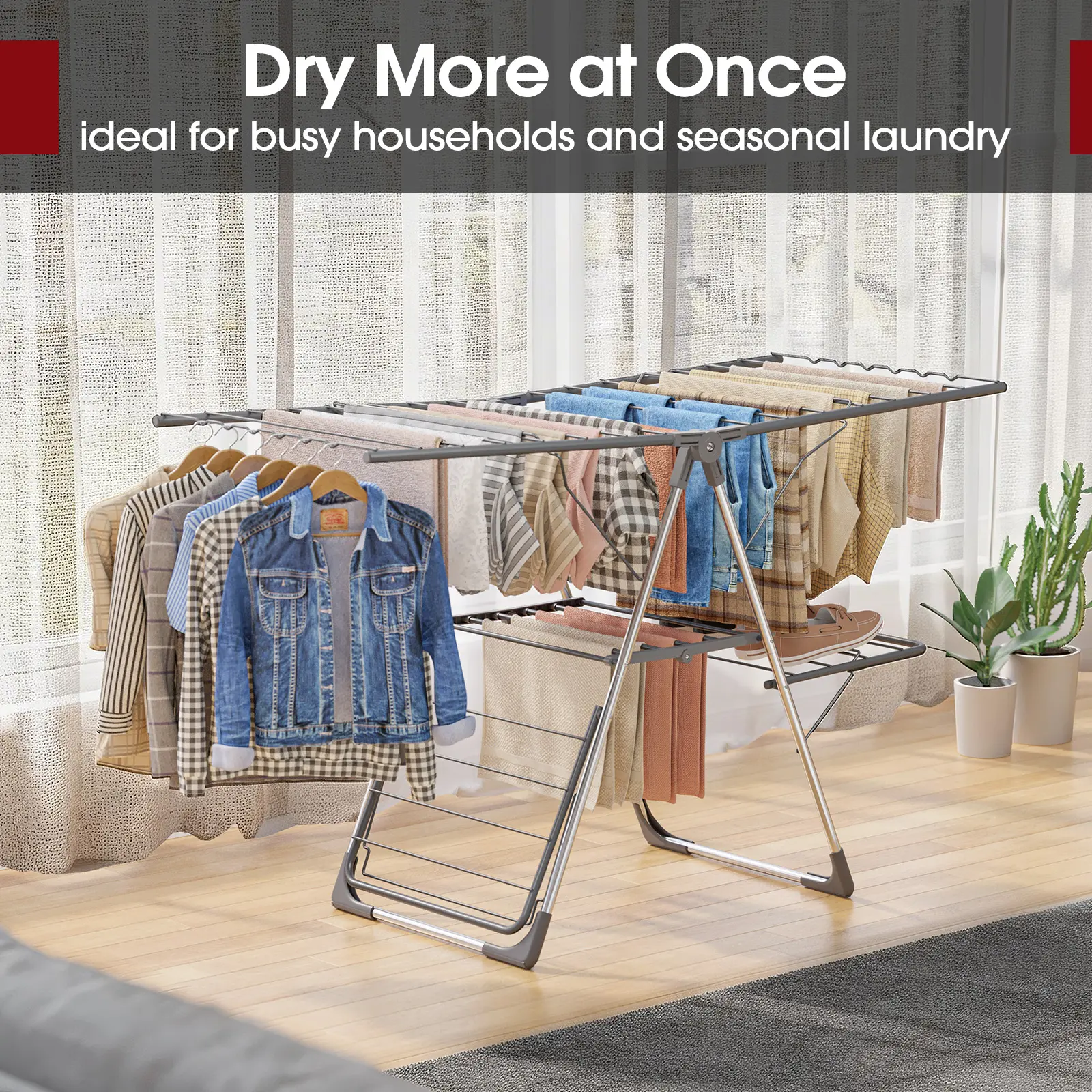HULIABU Foldable Clothes Drying Rack, Freestanding Laundry Airer with Multiple Hanging Bars, Space-Saving Collapsible Drying Stand for Indoor & Outdoor Use