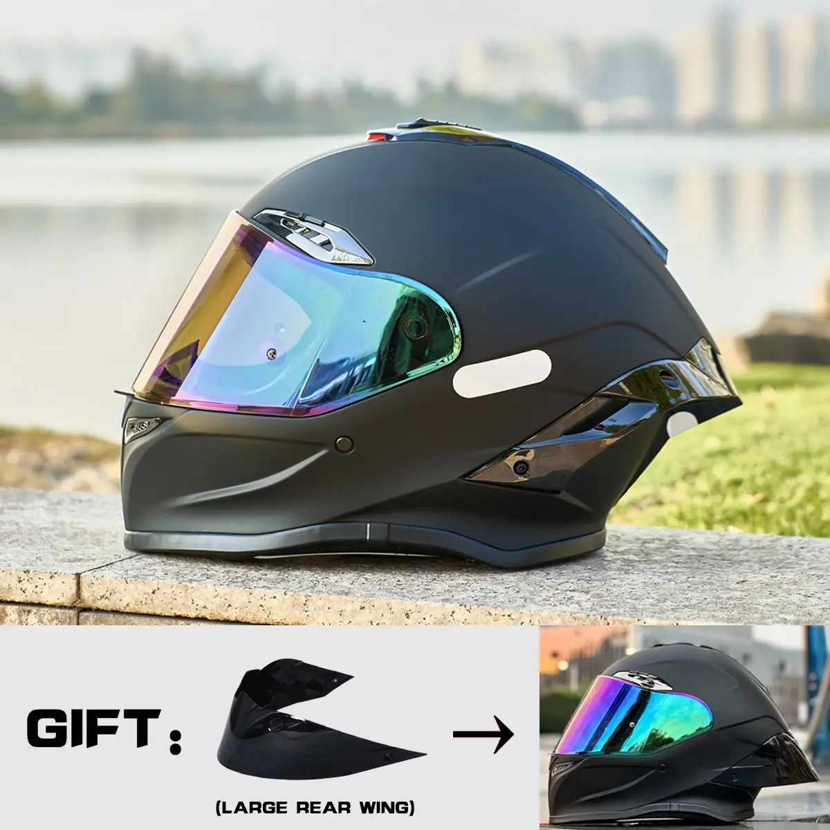 HULIABU Brand Full-Face Motorcycle Helmet, A large tail fin is given as a gift.Abs Material with Eps Liner, Multiple Ventilation, Sunshade Lenses, Unisex All-Season Commuter Helmets