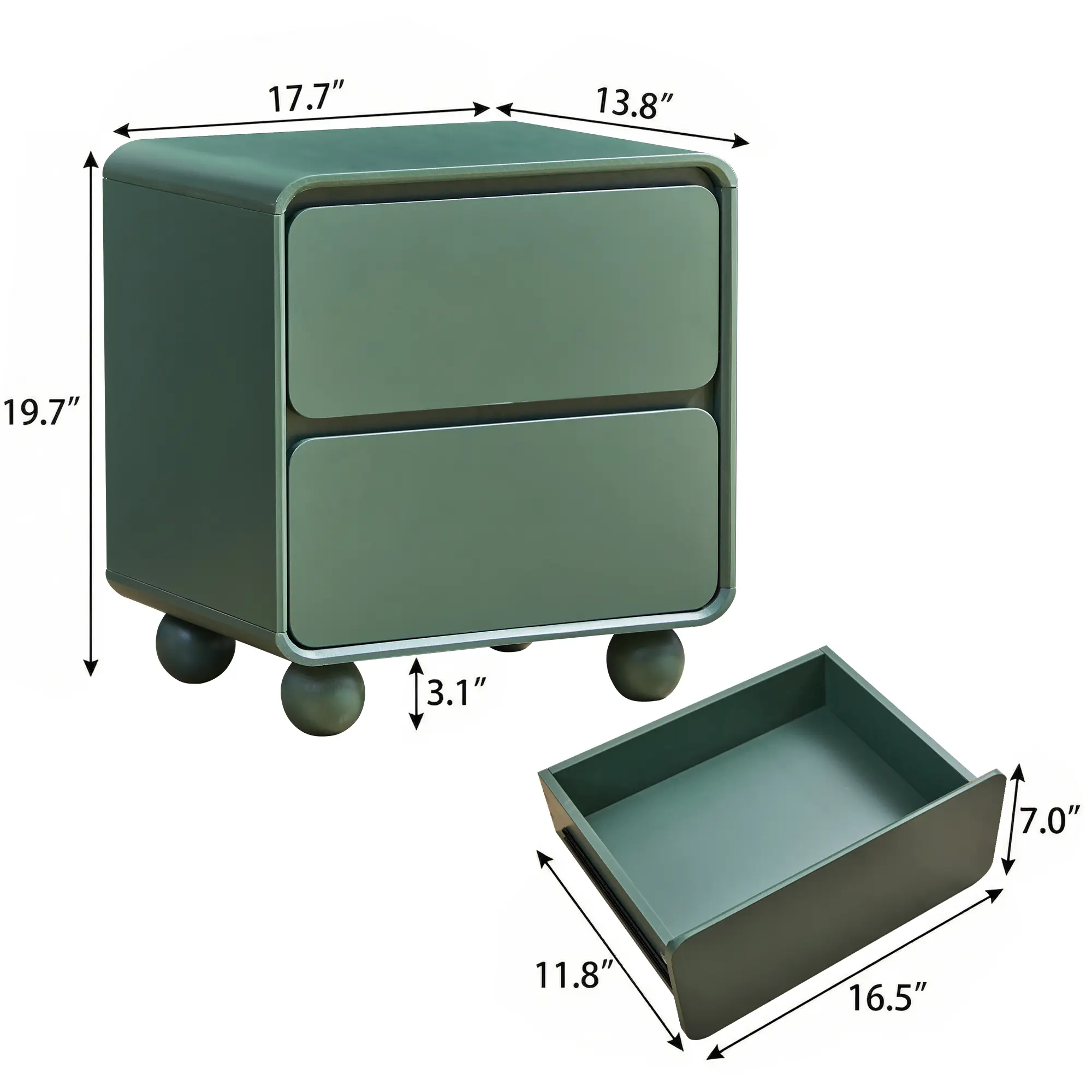 Mid‑Century Modern Nightstand with 2 Drawers, Solid Wood Legs & Curved Profile, Compact Side Table for Small Spaces, Dorms & Bedrooms