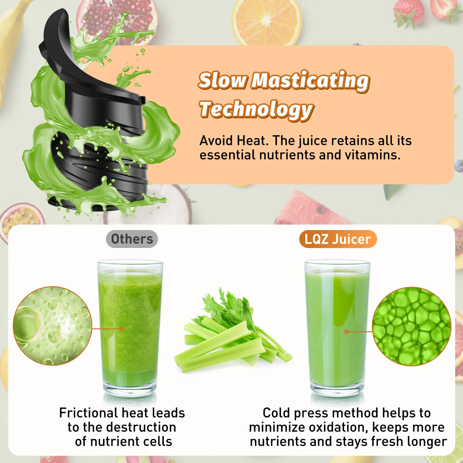 LQZ 350W Cold Press Juicer - Slow Masticating, 5.4 Inch Feed Chute, High Juice Yield, Easy Clean, 55rpm Technology for Whole Fruits & Veggies,Summer Glow