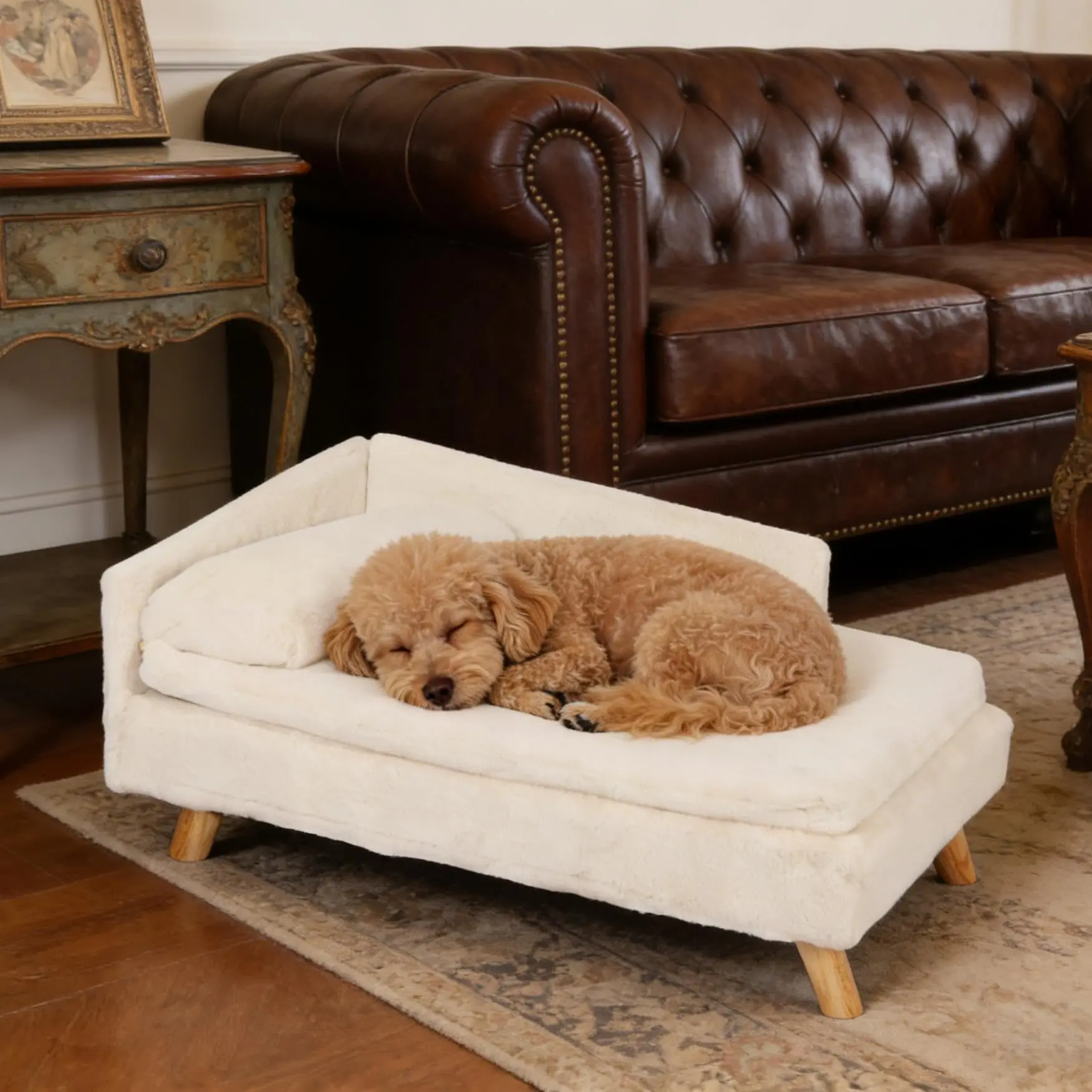 Wooden Elevated Pet Couch, Dog Chair with Bolster Washable Soft Cushion for Small Dogs & Cats, 31.7 x 18.9 Inches