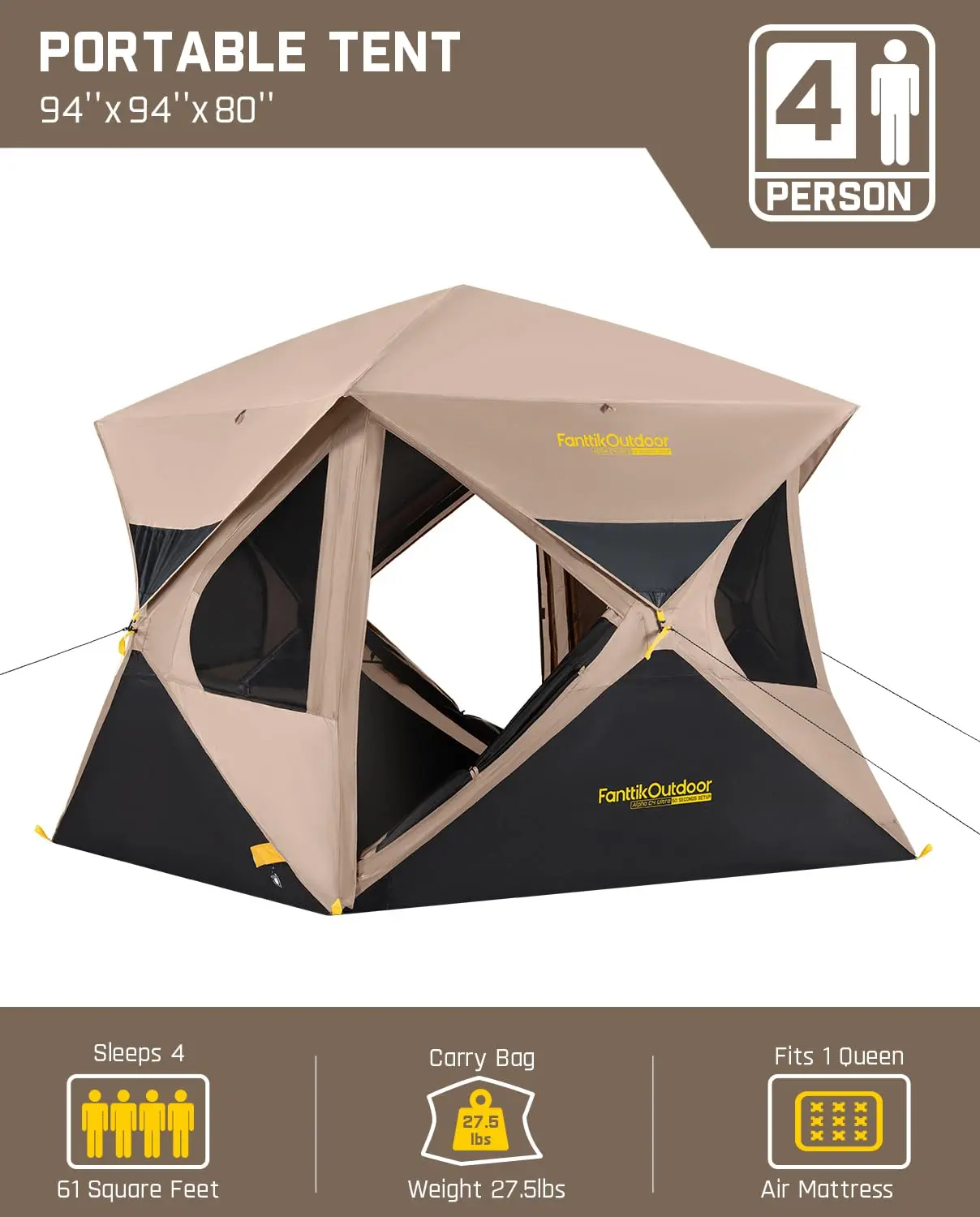 Fanttikoutdoor Zeta C6 Person Instant Cabin Tent/Alpha C4 Ultra 4 Person Pop Up Instant Cabin Tent Setup in 60 Seconds with Rainfly & Windproof Portable with Carry Bag for Family Camping & Hiking,SummerWins, Father's Day Gifts, Tents For Camping summerwin