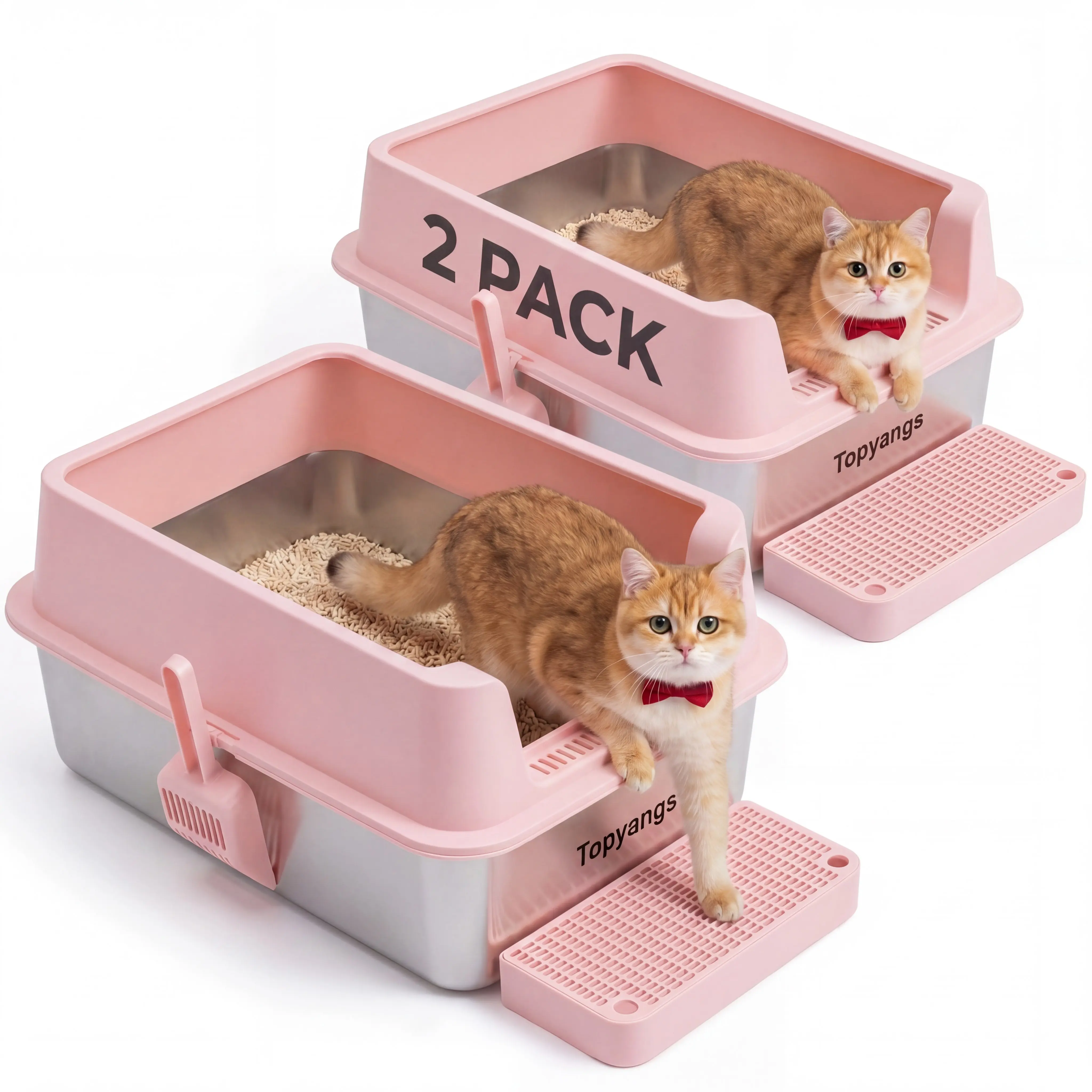 Topyangs 2-Pack Stainless Steel Cat Litter Box, Extra Large High Anti-Splash Sides, Leak-Proof Non-Stick Metal Litter Pans, Easy to Clean, Comes with 2 Litter Scoops, Ideal for Multi-Cat Families