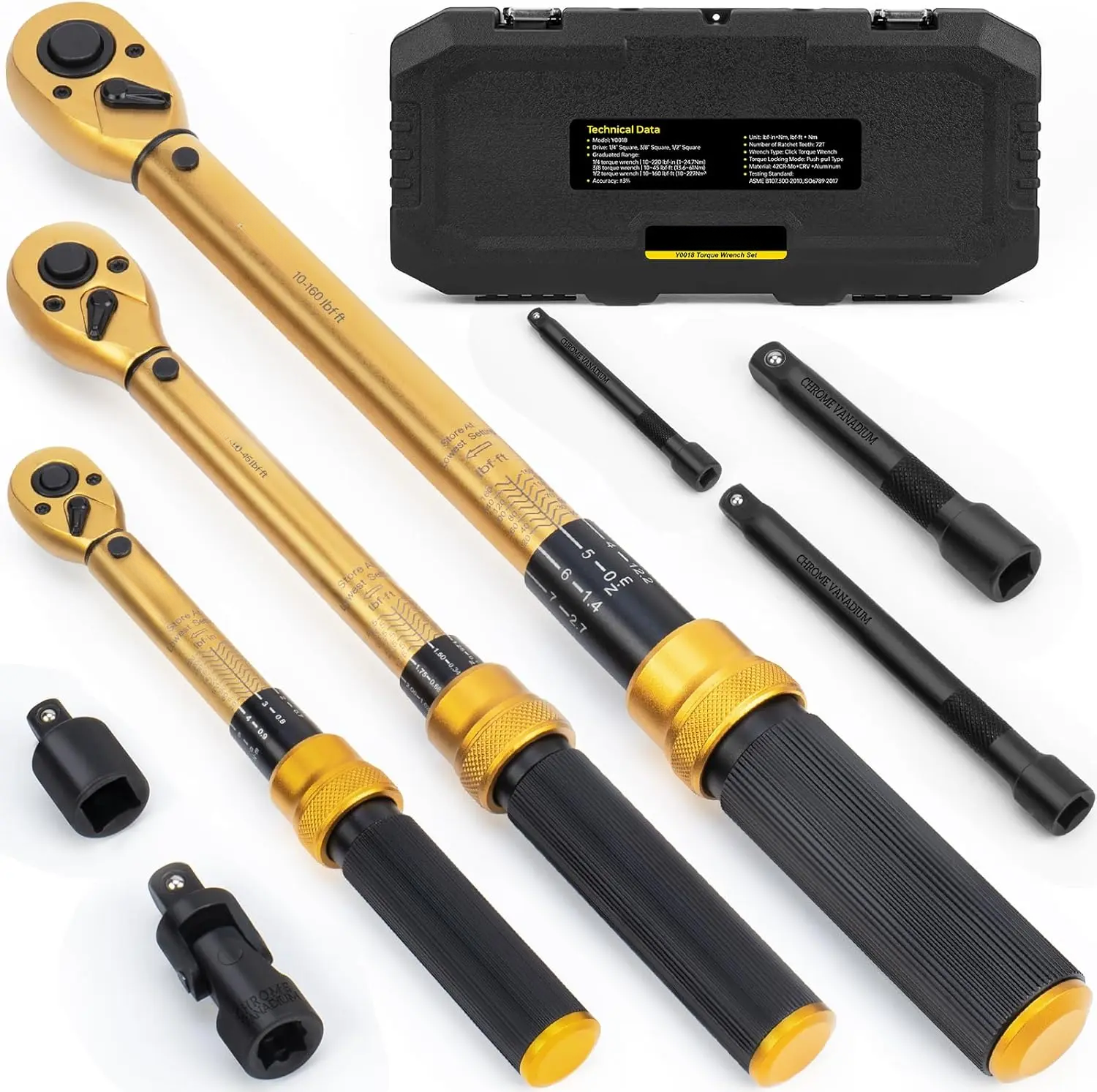 HULIABU1/4 3/8 1/2-inch Drive Click Torque Wrench, 8Pcs Torque Wrench Set 10-220in.lb, 10-45ft.lb, 10-160ft.lb with Adapters, ±3% Accuracy, 72-Tooth Dual Scale Torque Wrenches for Bike, Moto, Car Repair wrenches torque wrench
