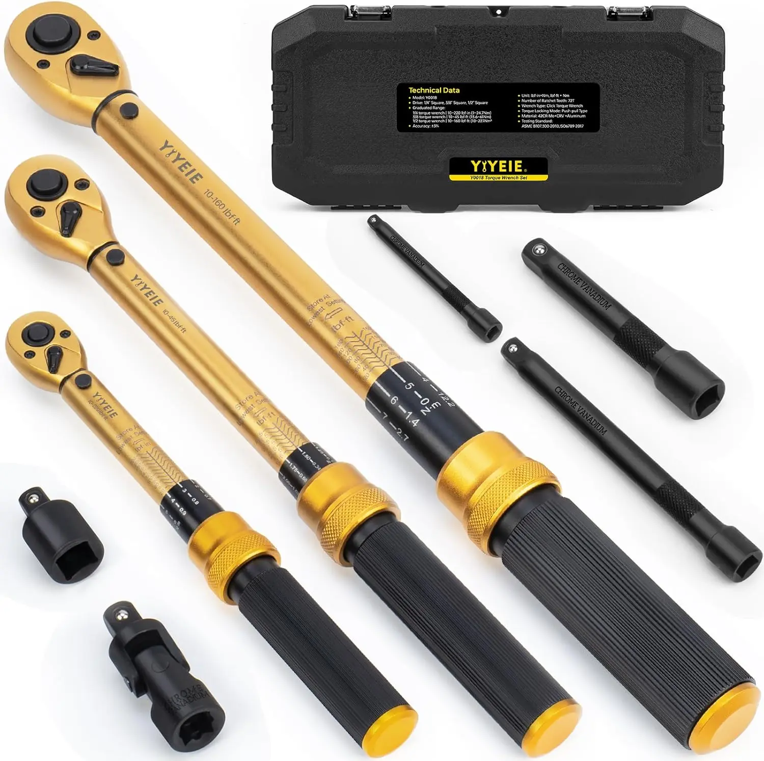 YIYEIE1/4 3/8 1/2-inch Drive Click Torque Wrench, 8Pcs Torque Wrench Set 10-220in.lb, 10-45ft.lb, 10-160ft.lb with Adapters, ±3% Accuracy, 72-Tooth Dual Scale Torque Wrenches for Bike, Moto, Car Repair wrenches torque wrench