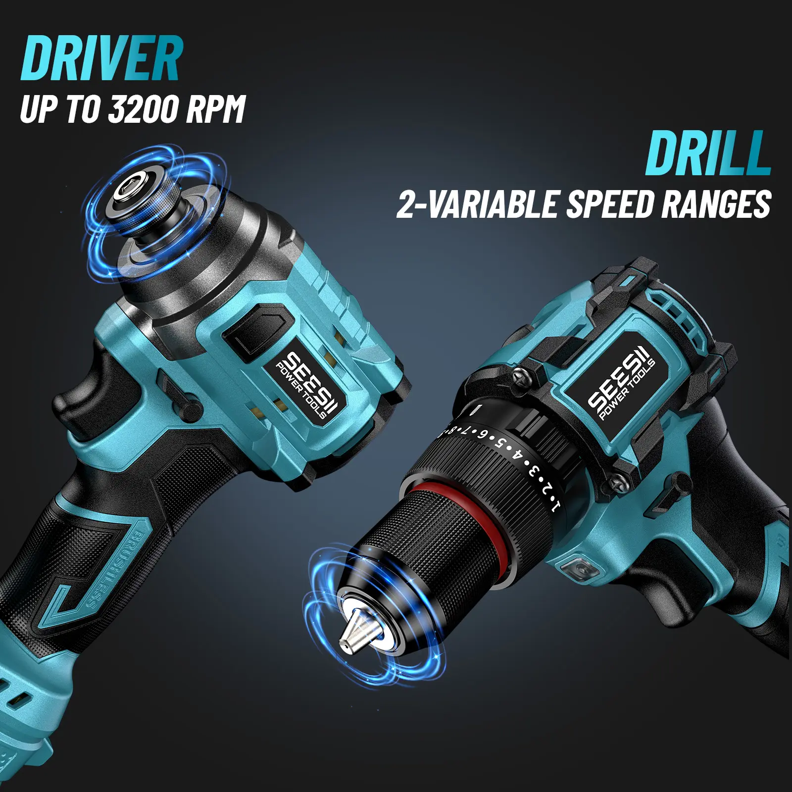 SEESII 3/8'' Brushless Cordless Drill and 1/4'' Impact Driver Combo Kit with 2 Batteries, 21V Max Electric Brushless Power Tool Set with Fast Charger