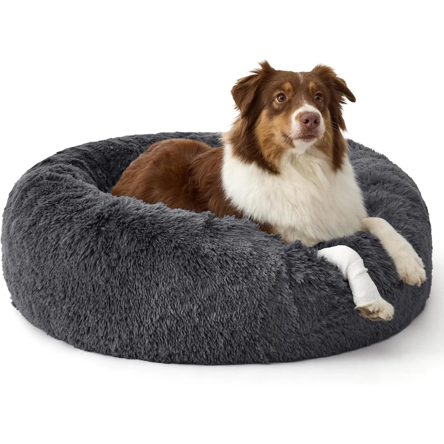Anti‑Anxiety Donut Calming Dog Bed, Fluffy Faux Fur Large Pet Bed with Removable Washable Cover