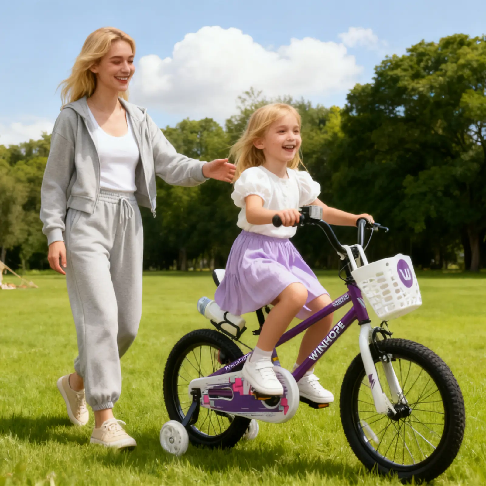 WINHOPE Hero Kids Bike for Ages 2–9 | 12–18 Inch with LED Training Wheels, Front Basket & Water Bottle Holder | 95% Pre-Assembled, Dual Brakes, Adjustable Seat & Handlebars