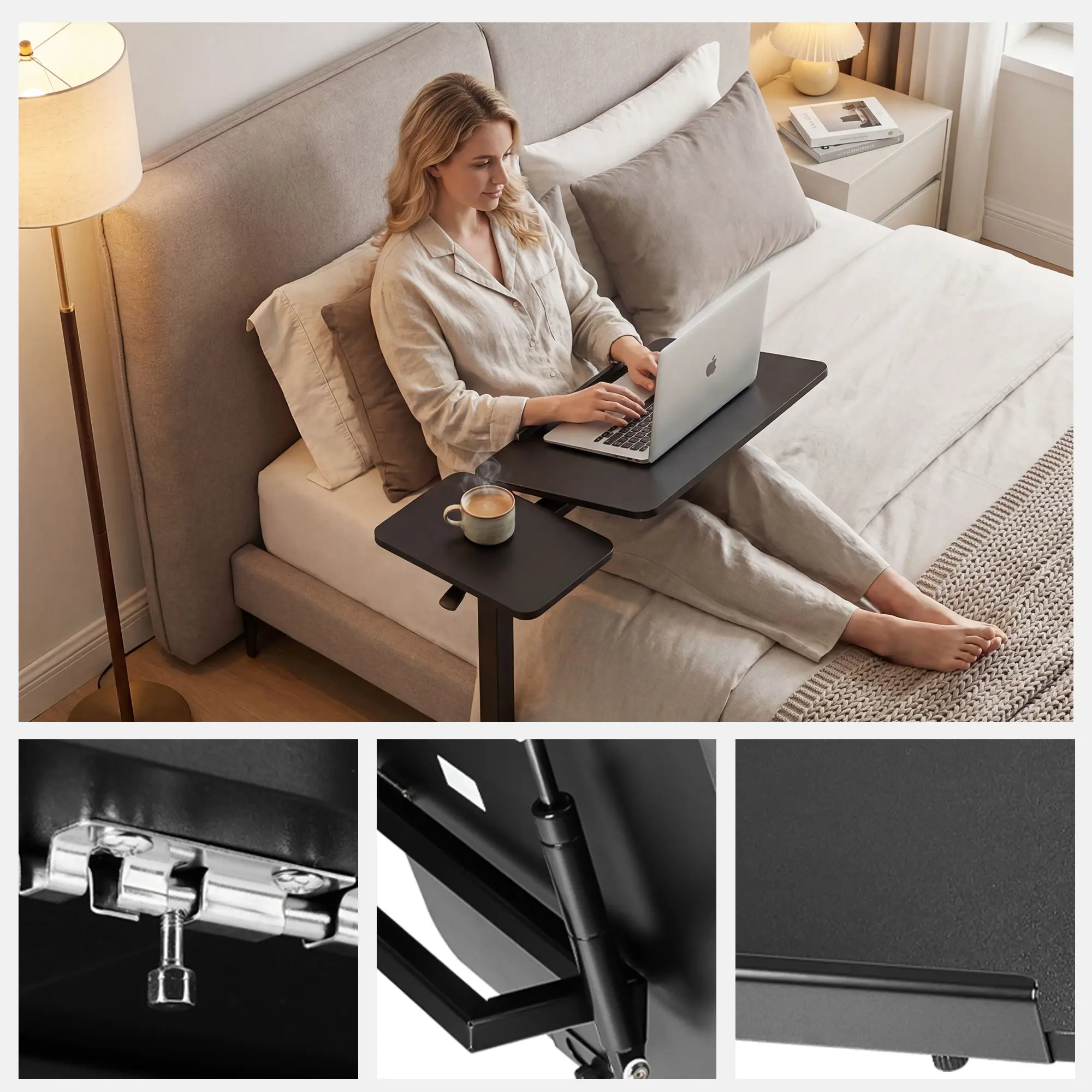 HULIABU Overbed Bedside Table Adjustable with Wheels, Mobile Standing Stand Up Rolling Laptop PC Desks with Tilting Top Height Tray Side Computer Workstation