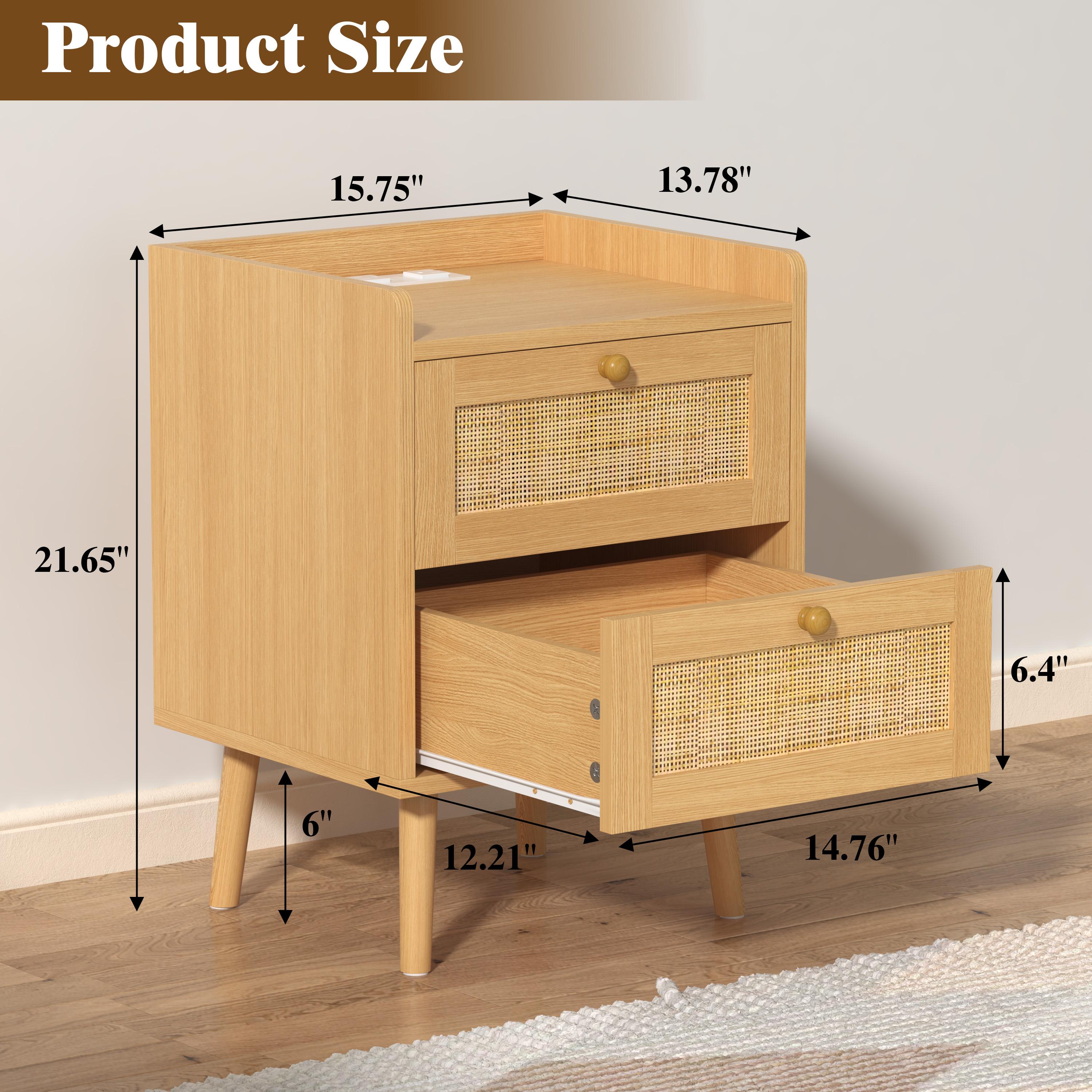 Rattan Nightstand with Charging Station, Rattan Boho End Table with 2 Drawers Bedroom Bedside Side Tables Natural Night Stand for Living Room,Bedroom,Dorm Room Essentials fathers day gift ideas,dorm essentials,home decor