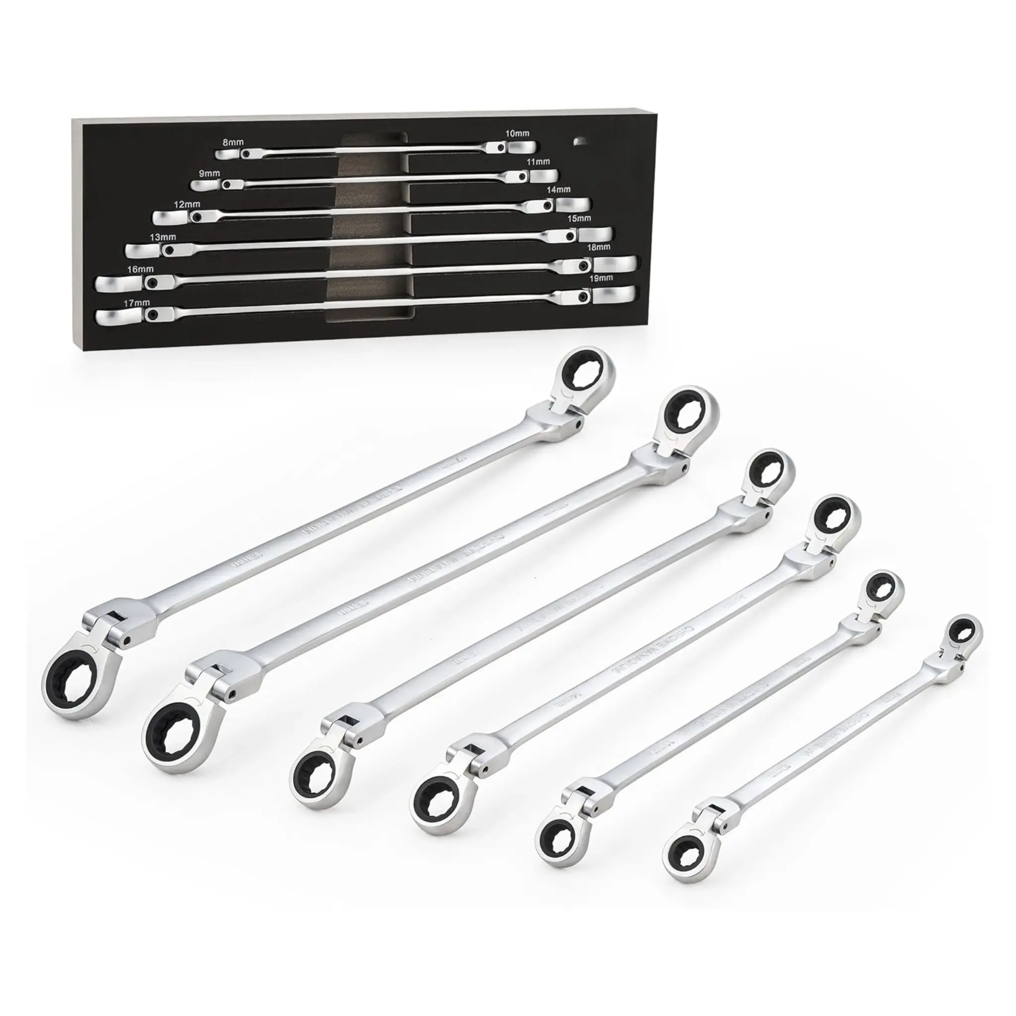 6-Piece Ratcheting Wrench Set, Metric 8mm - 19mm Extra Long Gear Multi-Purpose Ratchet Wrench Extra Long Ratchet Wrench Set with 72 Tooth Gear & Double Box End, 8mm 9mm 10mm 11mm 12mm 13mm 14mm 15mm 16mm 17mm 18mm 19mm