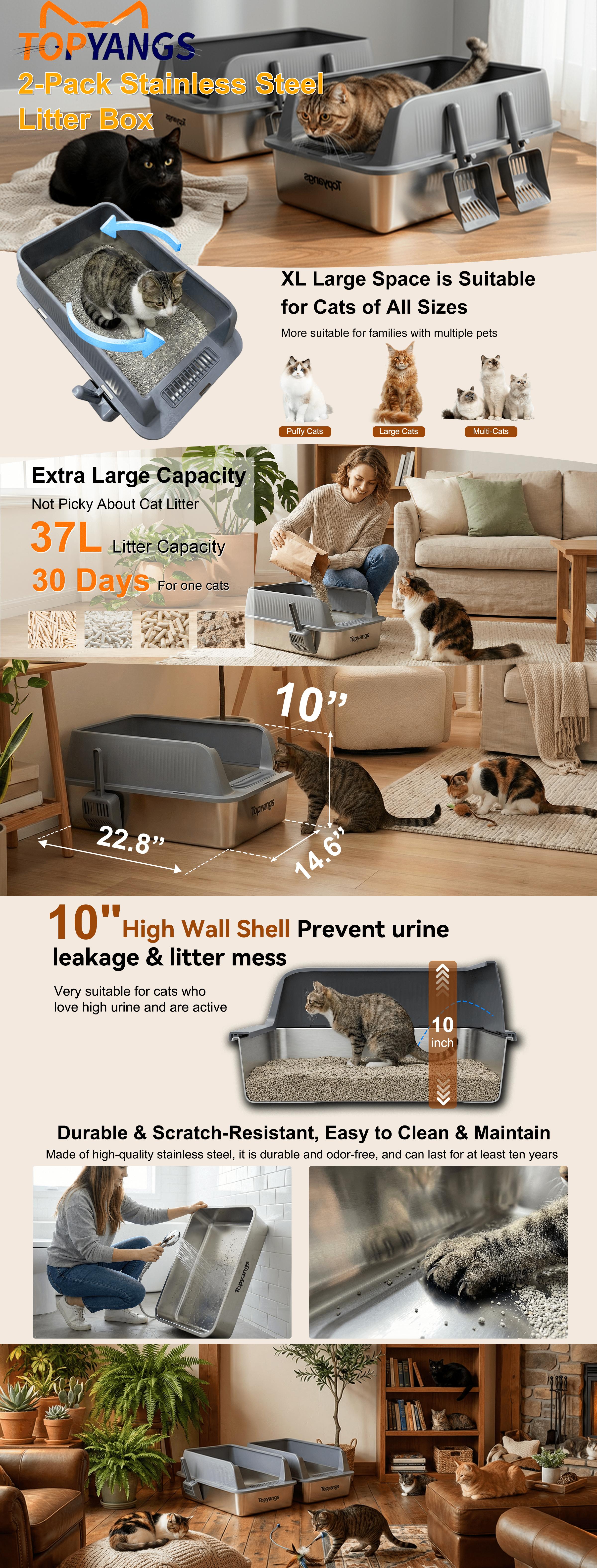Topyangs 2-Pack Stainless Steel Cat Litter Box, Extra Large High Anti-Splash Sides, Leak-Proof Non-Stick Metal Litter Pans, Easy to Clean, Comes with 2 Litter Scoops, Ideal for Multi-Cat Families