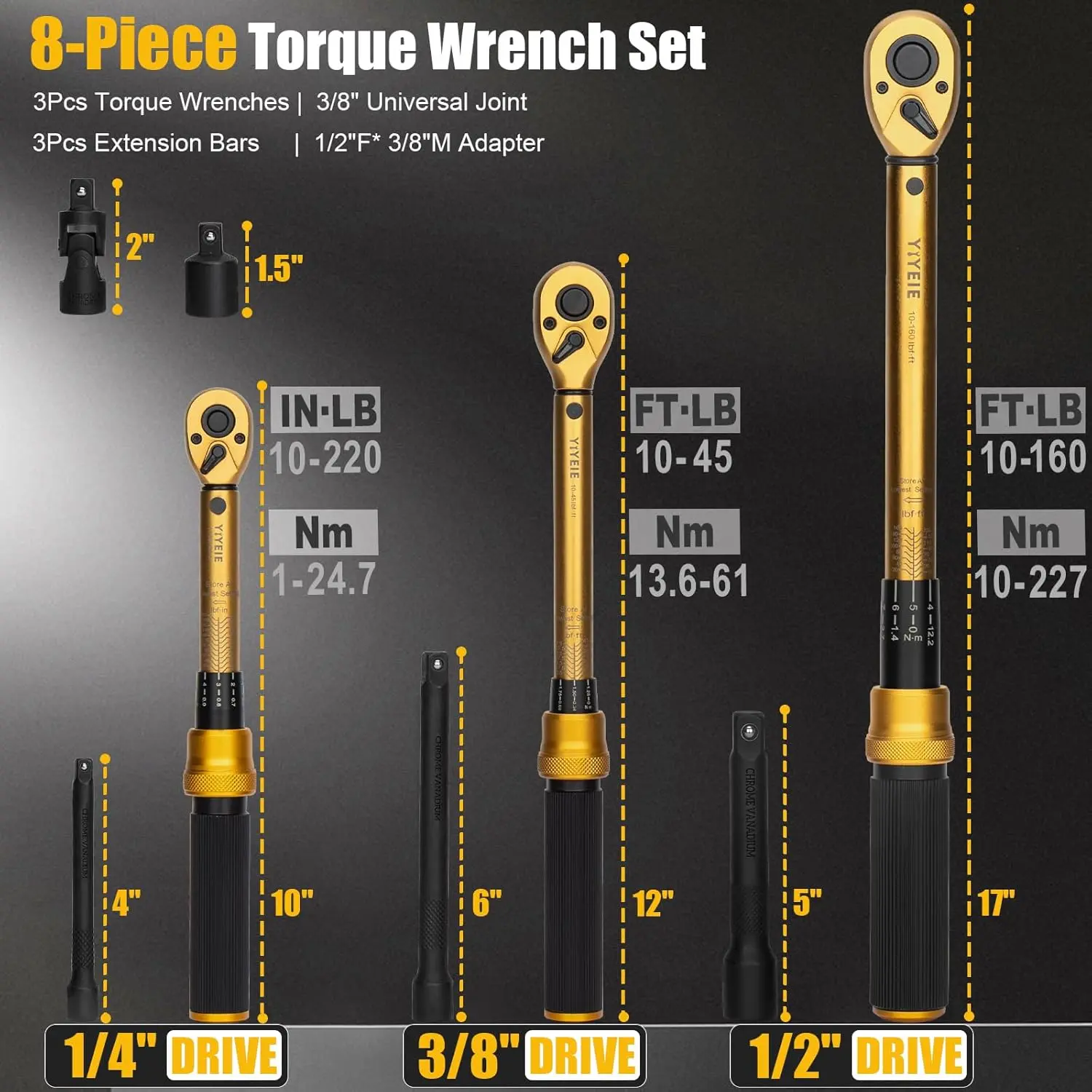 YIYEIE1/4 3/8 1/2-inch Drive Click Torque Wrench, 8Pcs Torque Wrench Set 10-220in.lb, 10-45ft.lb, 10-160ft.lb with Adapters, ±3% Accuracy, 72-Tooth Dual Scale Torque Wrenches for Bike, Moto, Car Repair wrenches torque wrench