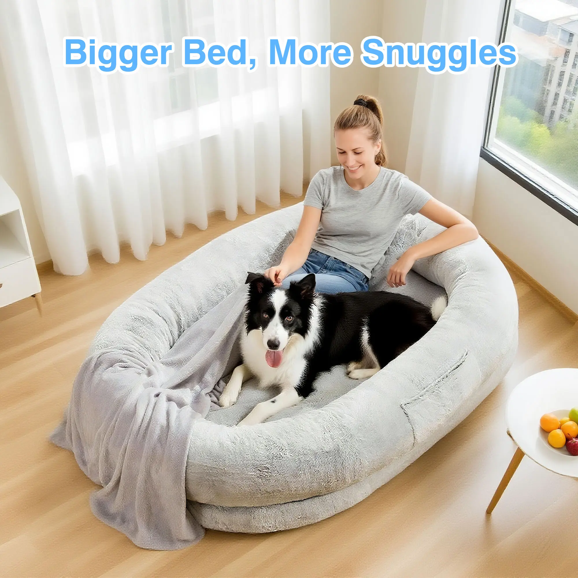 Full Size Faux Fur Orthopedic Cozy Lounger Bed with Detachable Pillow & Blanket, 68''x35''x14'' Machine Washable Indoor Furniture, Easy-Care Gift for Pet Lovers, Ideal for Watch Parties