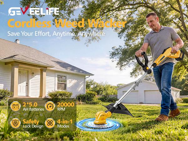 GEVEELIFE Bruchless Electric Weed Wacker String Trimmer,21V Cordless Weed Eater and Edger, 15'' Cutting Width with 2*5.0Ah Batteries Powered Brush Cutter, 4 in 1 Lawn Mower , Eco Friendly Grass Cutter,