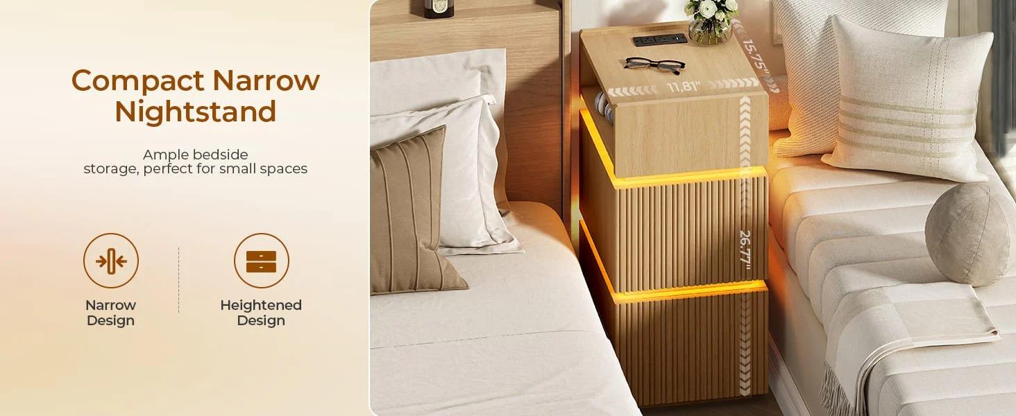 Sikaic Smart Skinny Fluted Engineered Wood Nightstand Bedside Table - 2 Drawers, 2 AC Outlets, 3-Color LED Strips, Charging Station, Raised Shelves, Groove Texture, Open Storage, Lipped Tabletop, Compact Modern Bedroom Furniture for Small Rooms Sikaic Smart Skinny Fluted Engineered Wood Nightstand Bedside Table - 2 Drawers, 2 AC Outlets, 3-Color LED Strips, Charging Station, Raised Shelves, Groove Texture, Open Storage, Lipped Tabletop, Compact Modern Bedroom Furniture for Small Rooms