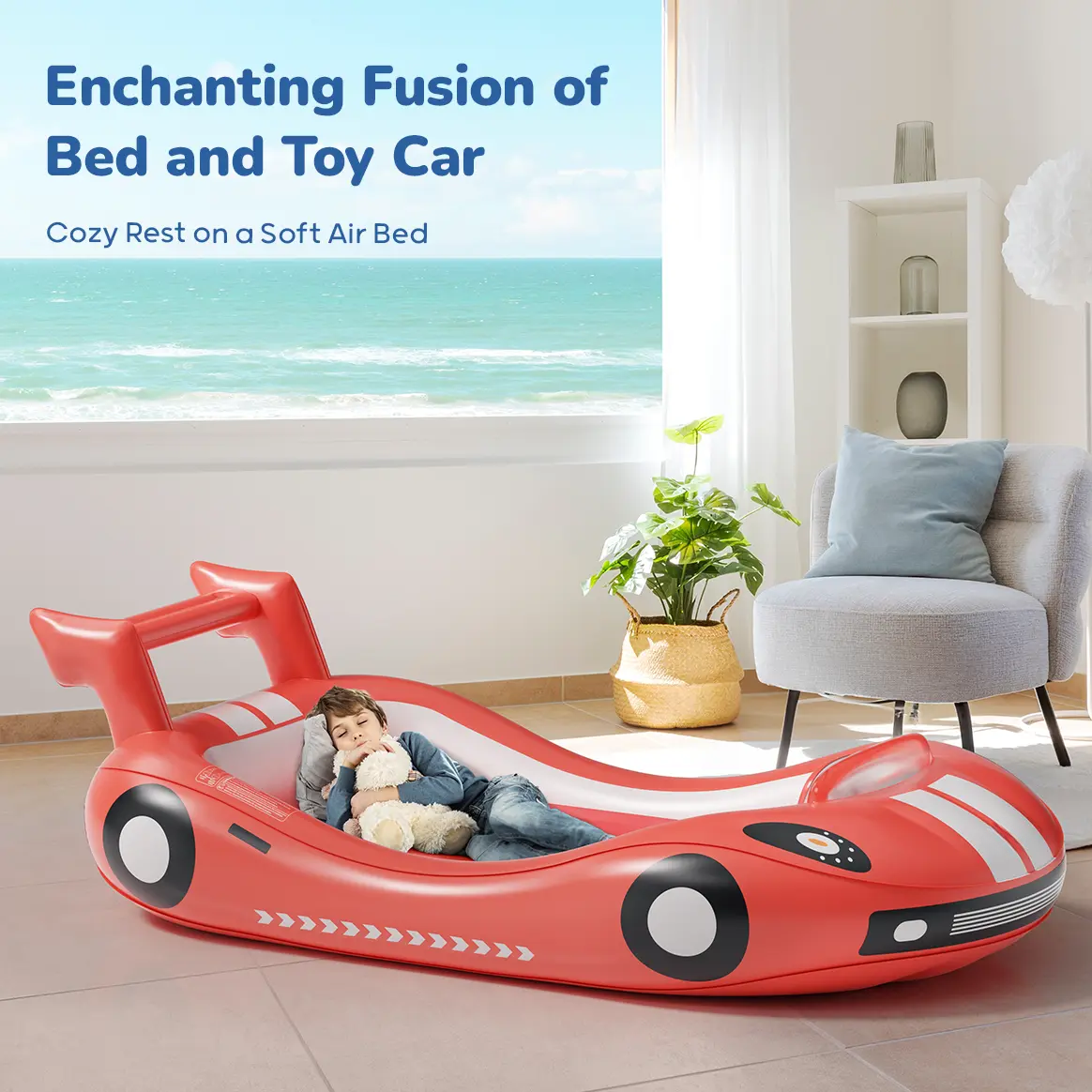 HULIABU Inflatable Kids Travel Bed, Toddler Airbed with Sides, Hand Pump Included, Portable Racing Car Design, Safe Materials for Camping, Traveling Hotel Home Use Self Inflating Bed Quick Inflate tiktokshopbacktoschool