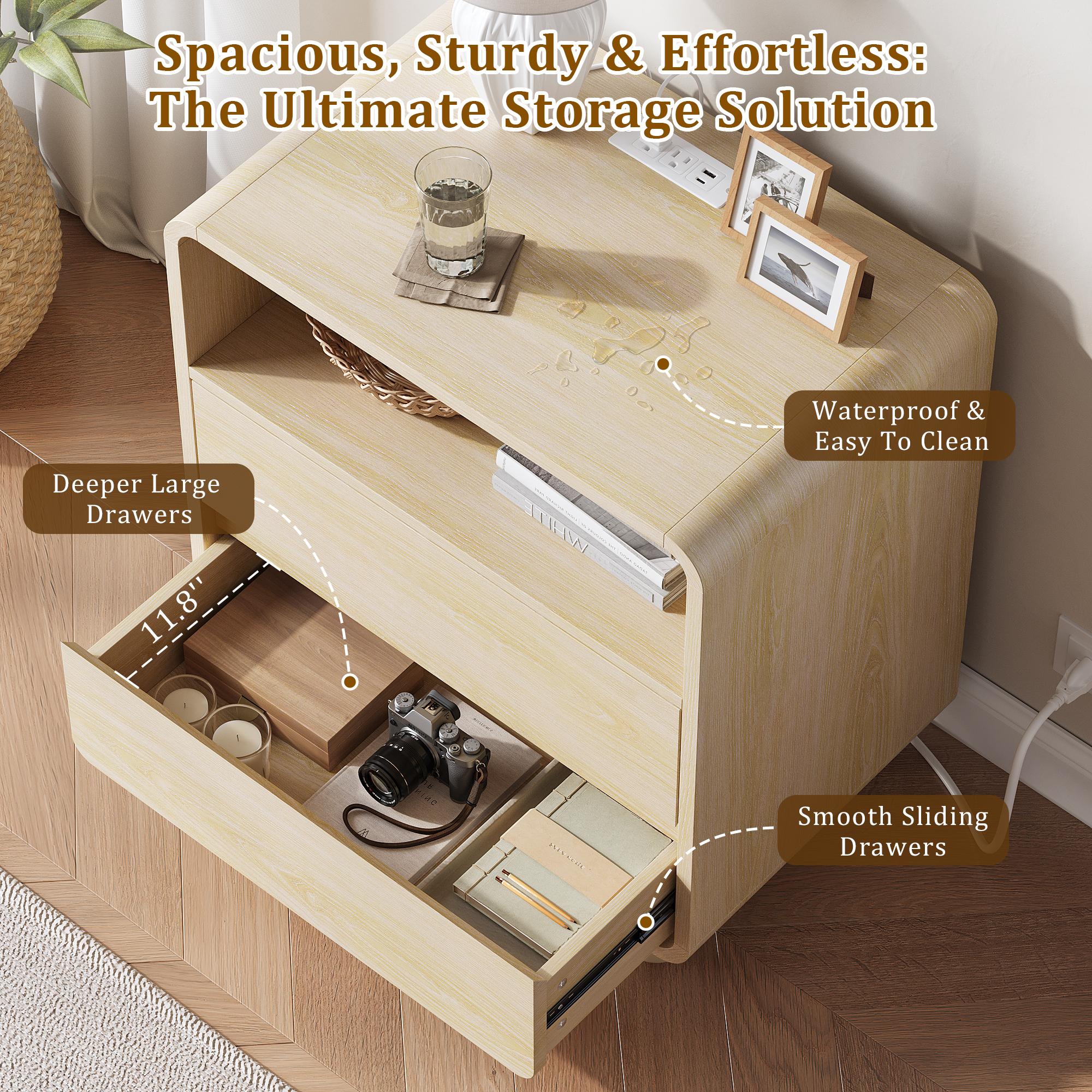 Aowos Nightstand, 23.6" Wide Large Bedside Table, Curved Wooden End Table with Charging Station, 2 Storage Drawers & Open Shelf, Bedroom Living Room, Panel End Tables for Bedroom & Living Room, Bedside Cabinet with USB Ports, Natural, Black, White