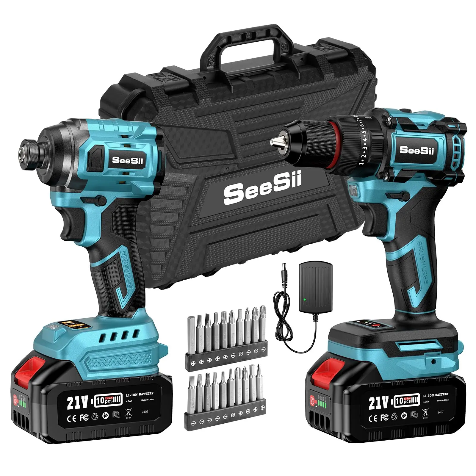 SEESII 3/8'' Brushless Cordless Drill and 1/4'' Impact Driver Combo Kit with 2 Batteries, 21V Max Electric Brushless Power Tool Set with Fast Charger