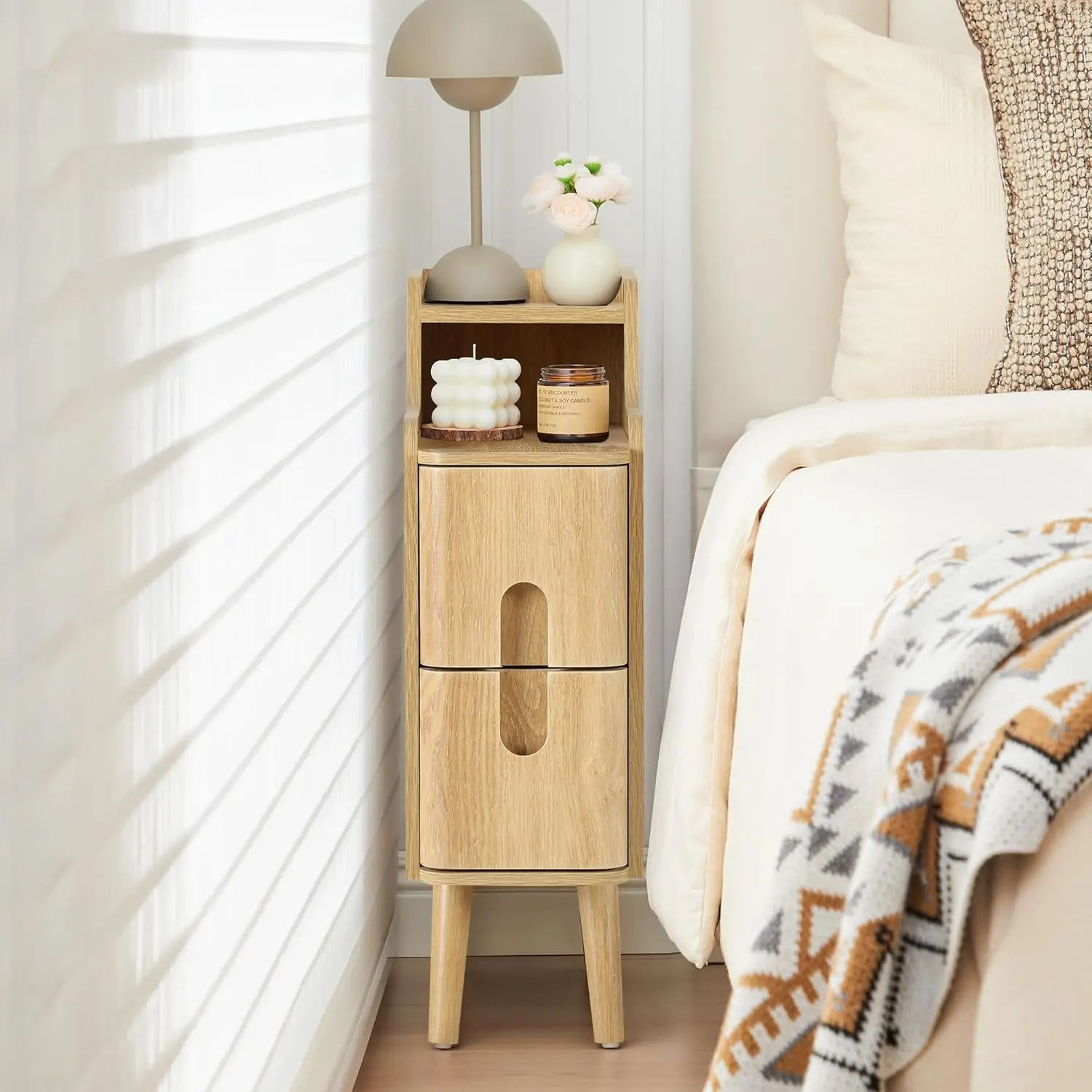 Narrow Vintage Wooden Nightstand, Compact 2‑Drawer End Table for Small‑Space Bedroom & Living Room