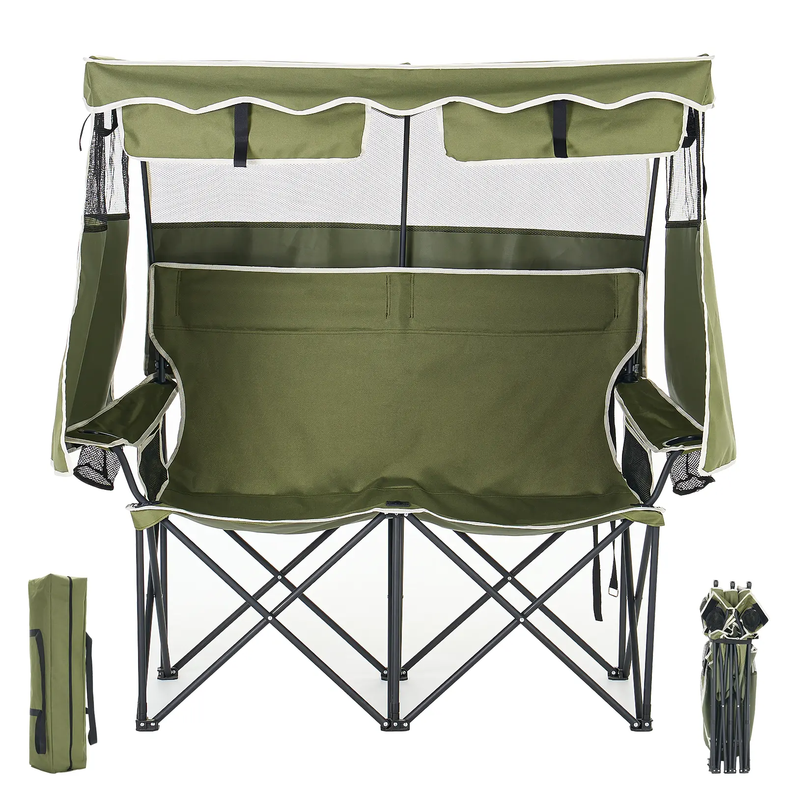 Lilypelle XXXL Double Camping Chair with Shade Canopy, 2‑Person Folding Beach Chair with Cup Holder & Carry Bag, Heavy‑Duty Steel Frame for Garden Patio Lawn Outdoor