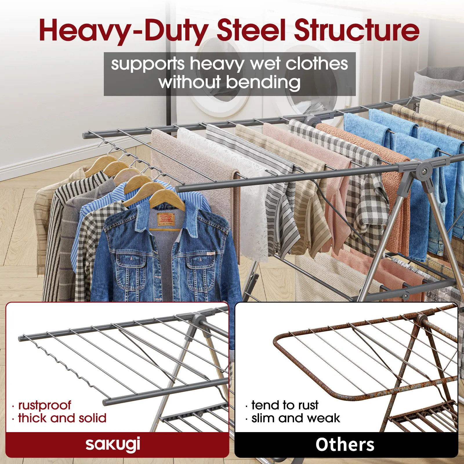 HULIABU Foldable Clothes Drying Rack, Freestanding Laundry Airer with Multiple Hanging Bars, Space-Saving Collapsible Drying Stand for Indoor & Outdoor Use