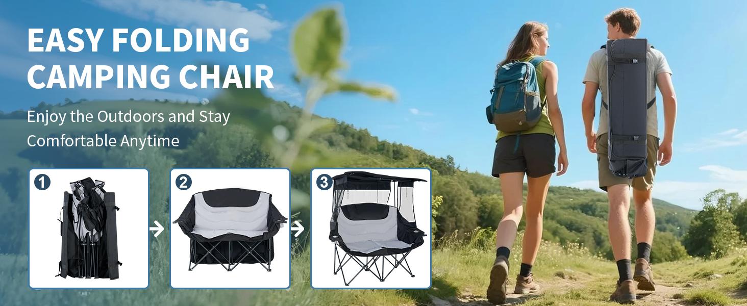 Lilypelle XXXL Double Camping Chair with Shade Canopy, 2 Person Folding Beach Chair with Cup Holder Carrying Bag, Heavy Duty Steel Frame Collapsible Camp Chairs for Outdoor Garden Patio Lawn Sports summergarden deskmakeover