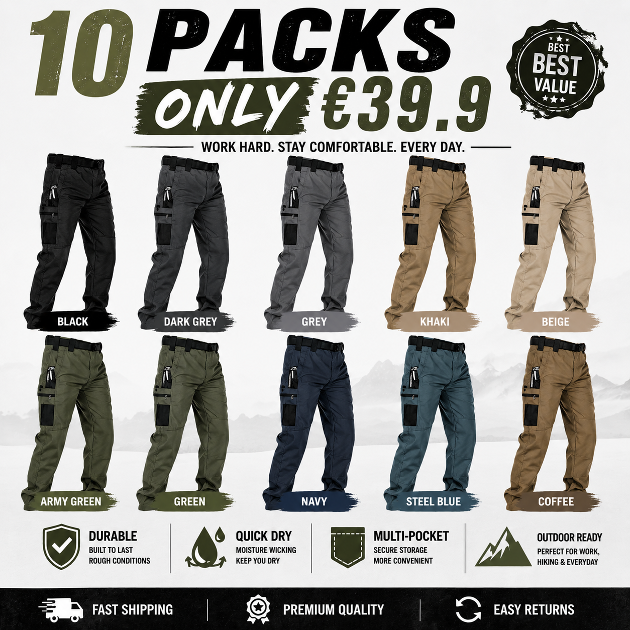 Men's Solid Color Tactical Work Pants
