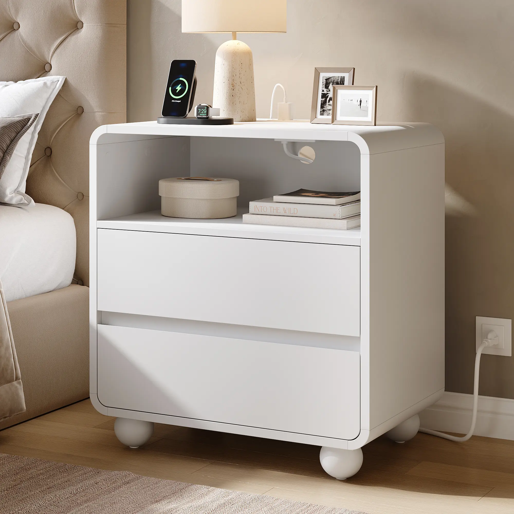 Curved Wooden Nightstand with Charging Station | 2 Drawers & Open Shelf