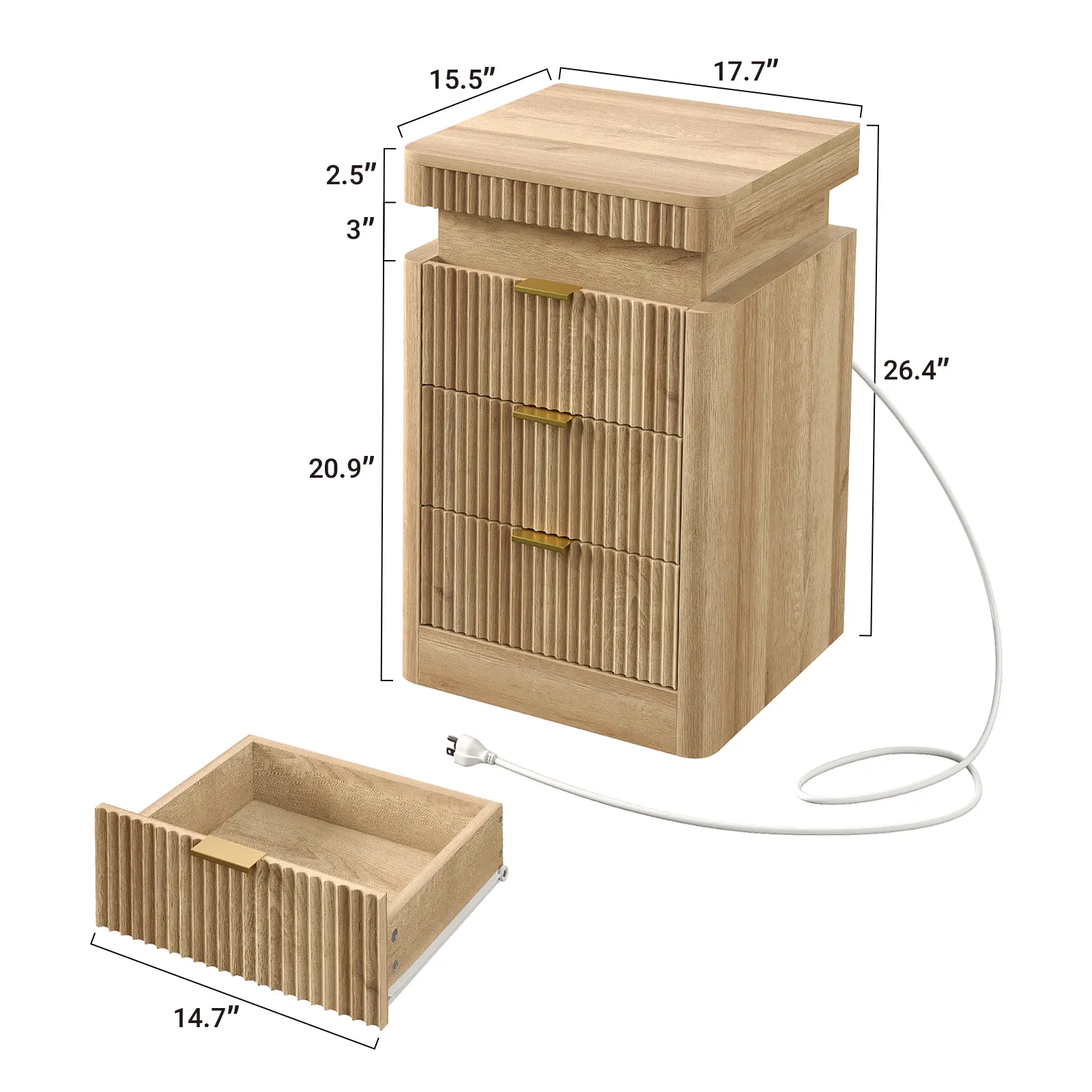 Oak Modern Nightstand with Charging Station, Adjustable‑Mode LED Lighting, Drawer & Open Storage Shelf for Bedroom & Living Room