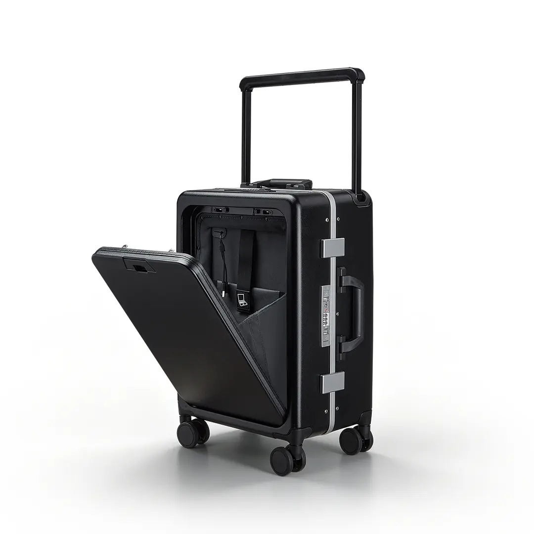Polycarbonate Carry On Luggage with Front Opening, Waterproof Buckle Closure, Innovative Wide-Handle, 360° Spinner Wheels with Brakes & USB Port, 4 Wheels 360 Rotation, Water Resistant, Anti-Theft