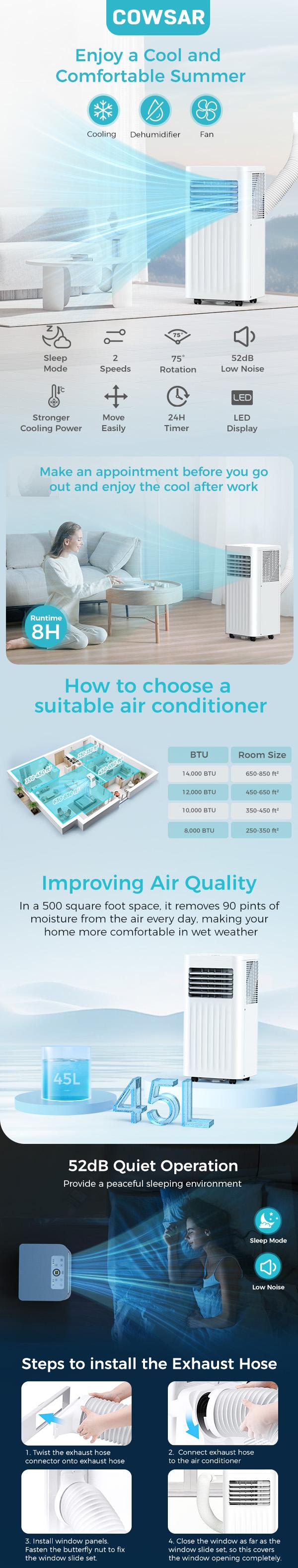 COWSAR 8000-10000 BTU EasyCool Portable Air Conditioner &ndash; Indoor Room Home Comfort Gear, Cools 350 Sq.Ft, Remote Control, LED Display, 24H Timer, Sleep Mode & Window Installation Kit, for Bedroom Office Apartment