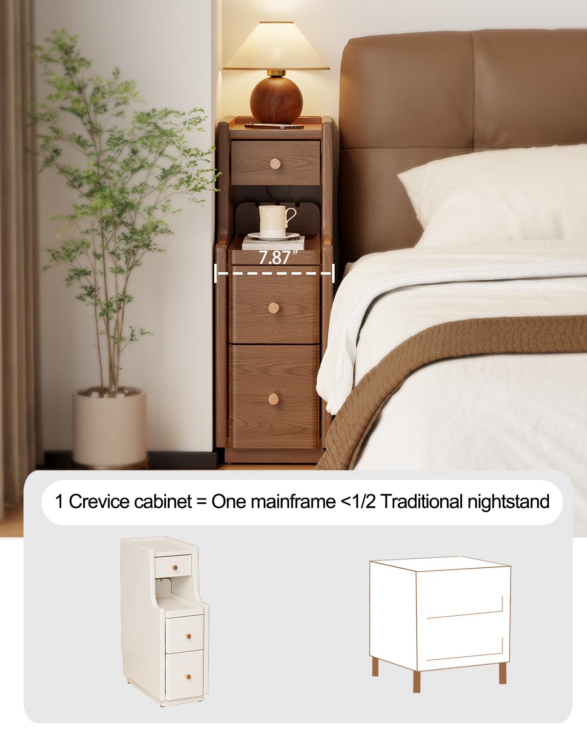 100% Solid Wood Fully Assembled Nightstand - Narrow 3-Drawer Slim Bedroom Table with Clean Aesthetic, Quiet Glide Drawers, Fits Between Beds for Small Room Ideas & Modern Bedroom