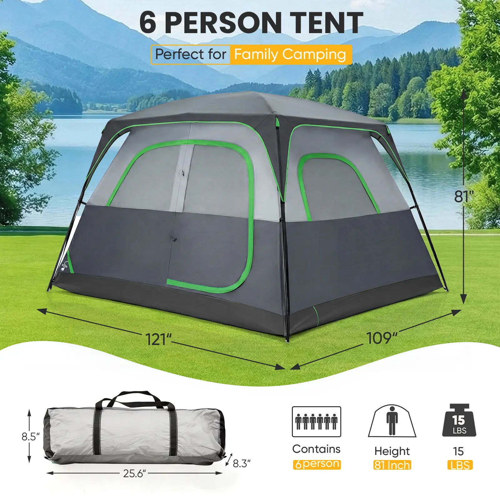 Sweetcrispy 2-8 Person Instant Polyester Camping Tent for Families, Easy Setup with Removable Rainfly, Power Cord Access & Excellent Ventilation, Easy Setup Tents, Tents For Camping