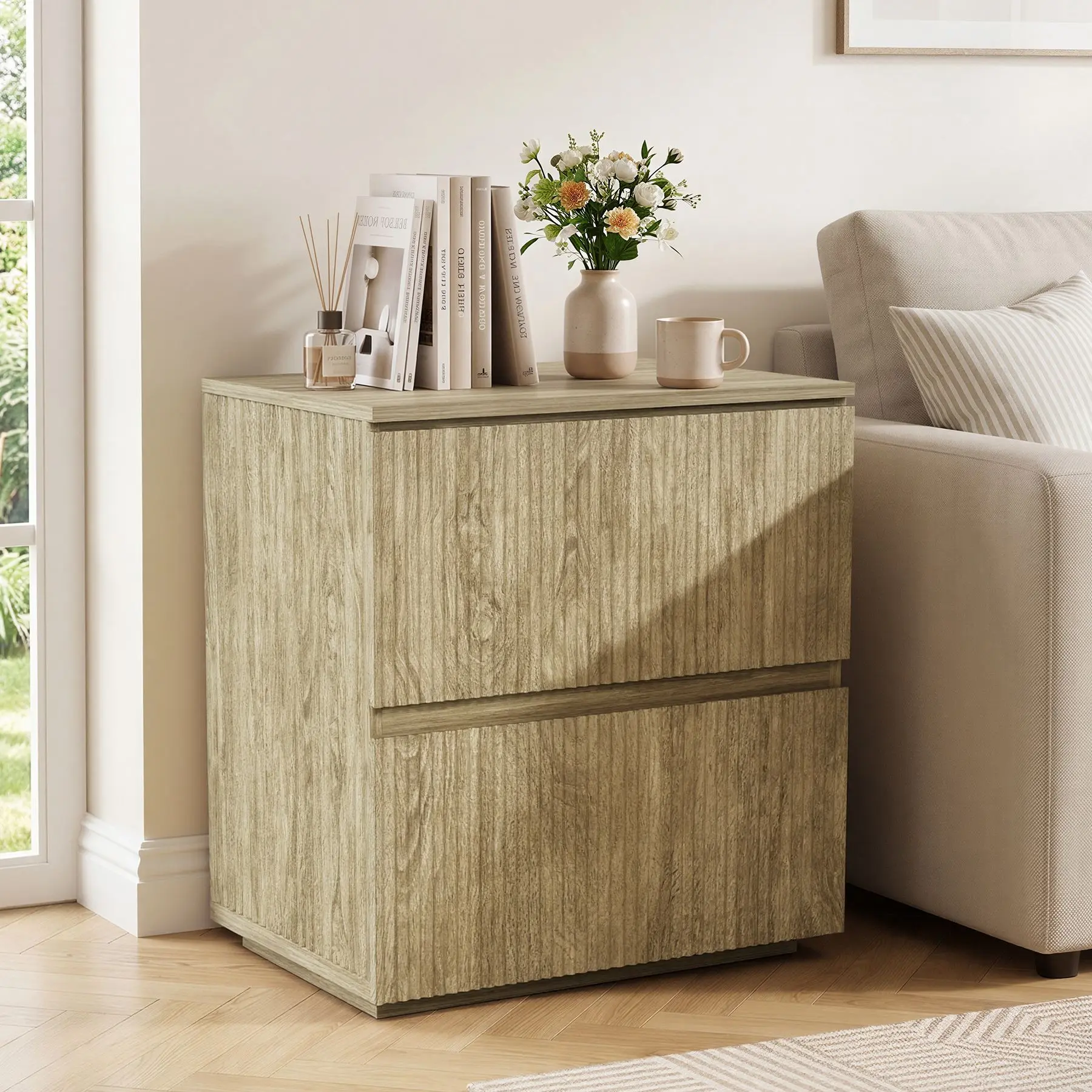 Modern Wooden 2‑Drawer Bedside Nightstand with Storage, Single or Set of 2 for Bedroom