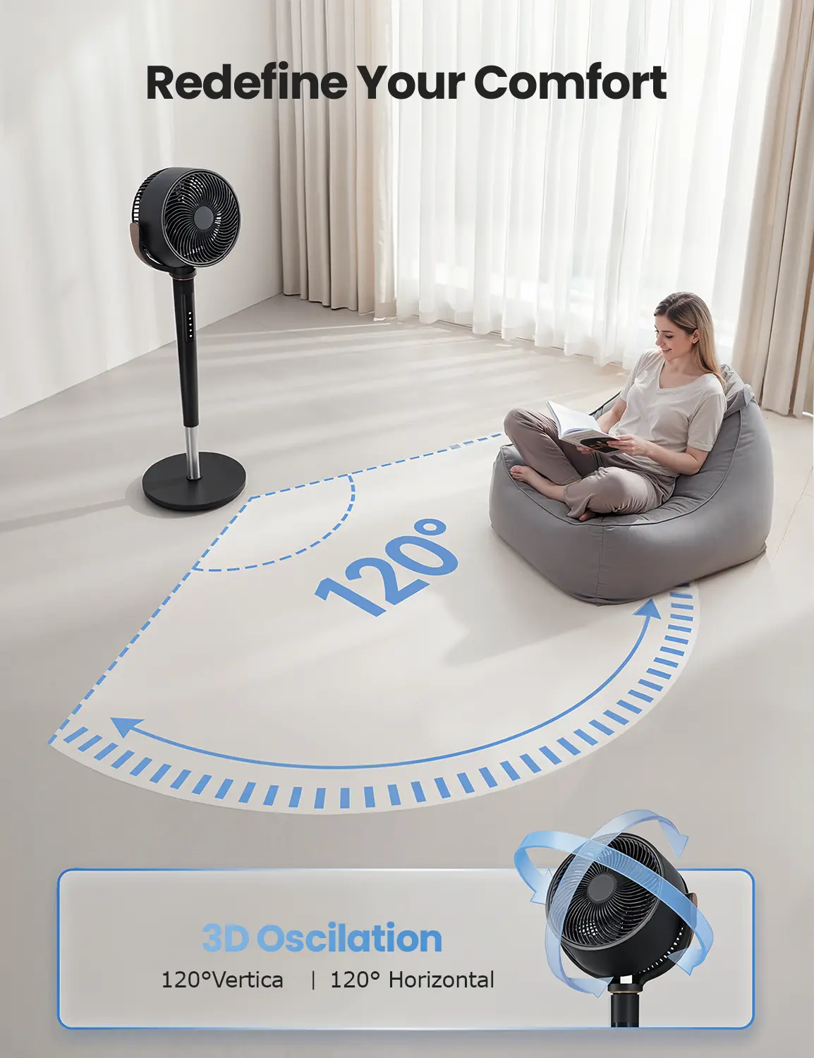 TEHANLD Fan for Bedroom, 120° Oscillating Standing Fan, Quiet Floor Fan with DC Motor, 100ft Pedestal Fan for Room, 16 Speeds, 4 modes, 20dB, 37-45" Adjustable Height, 12H Timer，With ambient lighting