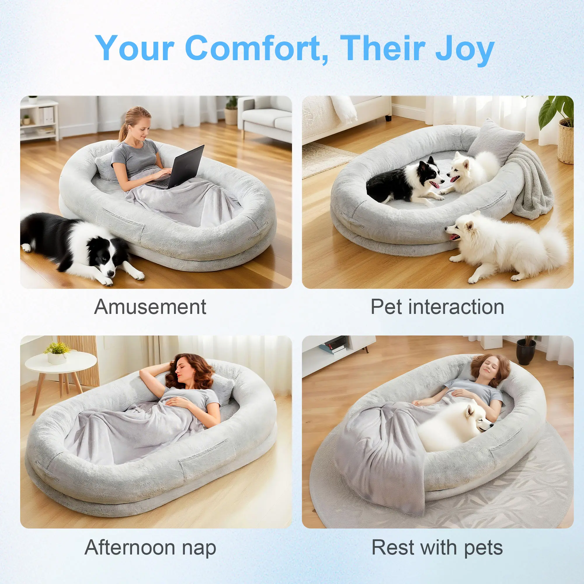 Full Size Faux Fur Orthopedic Cozy Lounger Bed with Detachable Pillow & Blanket, 68''x35''x14'' Machine Washable Indoor Furniture, Easy-Care Gift for Pet Lovers, Ideal for Watch Parties