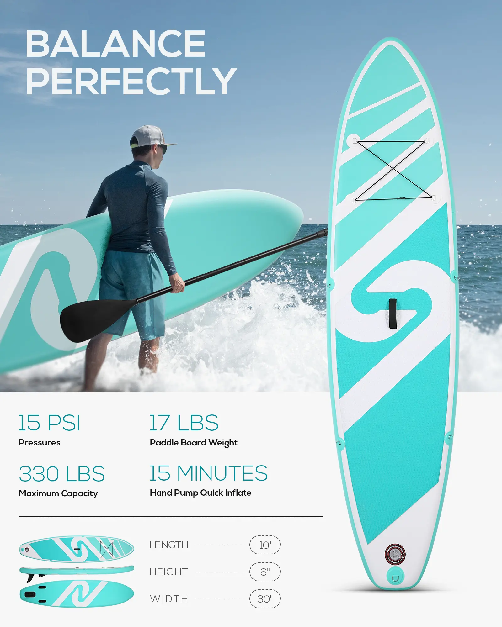Inflatable Paddle Board Paddleboard Inflatable Stand Up Paddle Board SUP Board with Premium Full Accessories 120"x30"x6" for Youth & Adults Have Fun in Oceans, River and Lakes