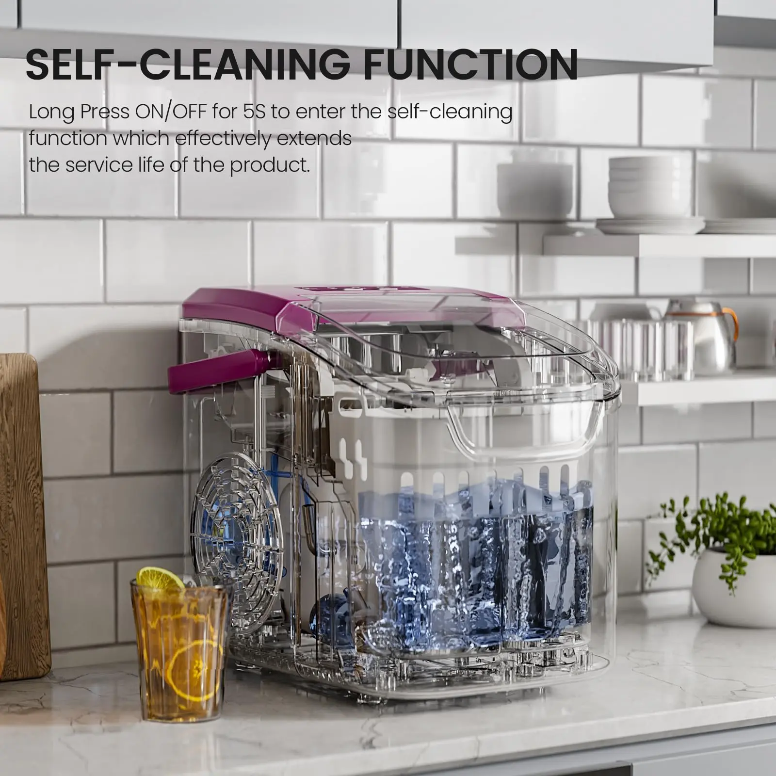 Back To School - HULIABU Countertop Icemaker with Handle - Bullet Ice Making Machine, 8 Cubes in 6 Mins, Portable Self-Cleaning Ice Machine for Home/Office (Purple)