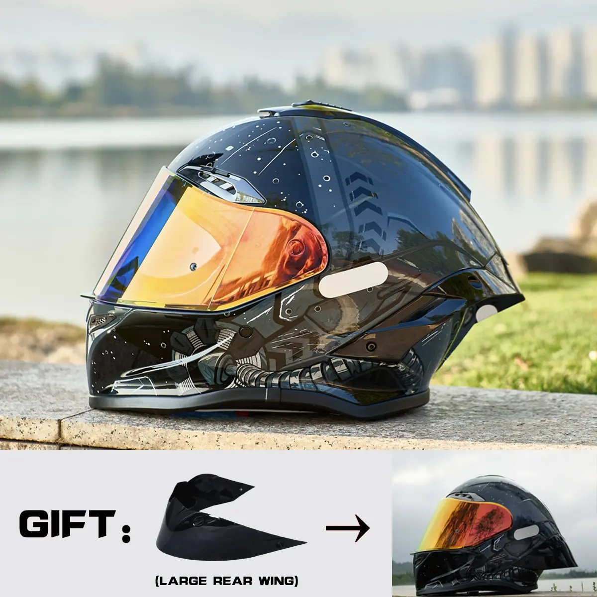 HULIABU Brand Full-Face Motorcycle Helmet, A large tail fin is given as a gift.Abs Material with Eps Liner, Multiple Ventilation, Sunshade Lenses, Unisex All-Season Commuter Helmets