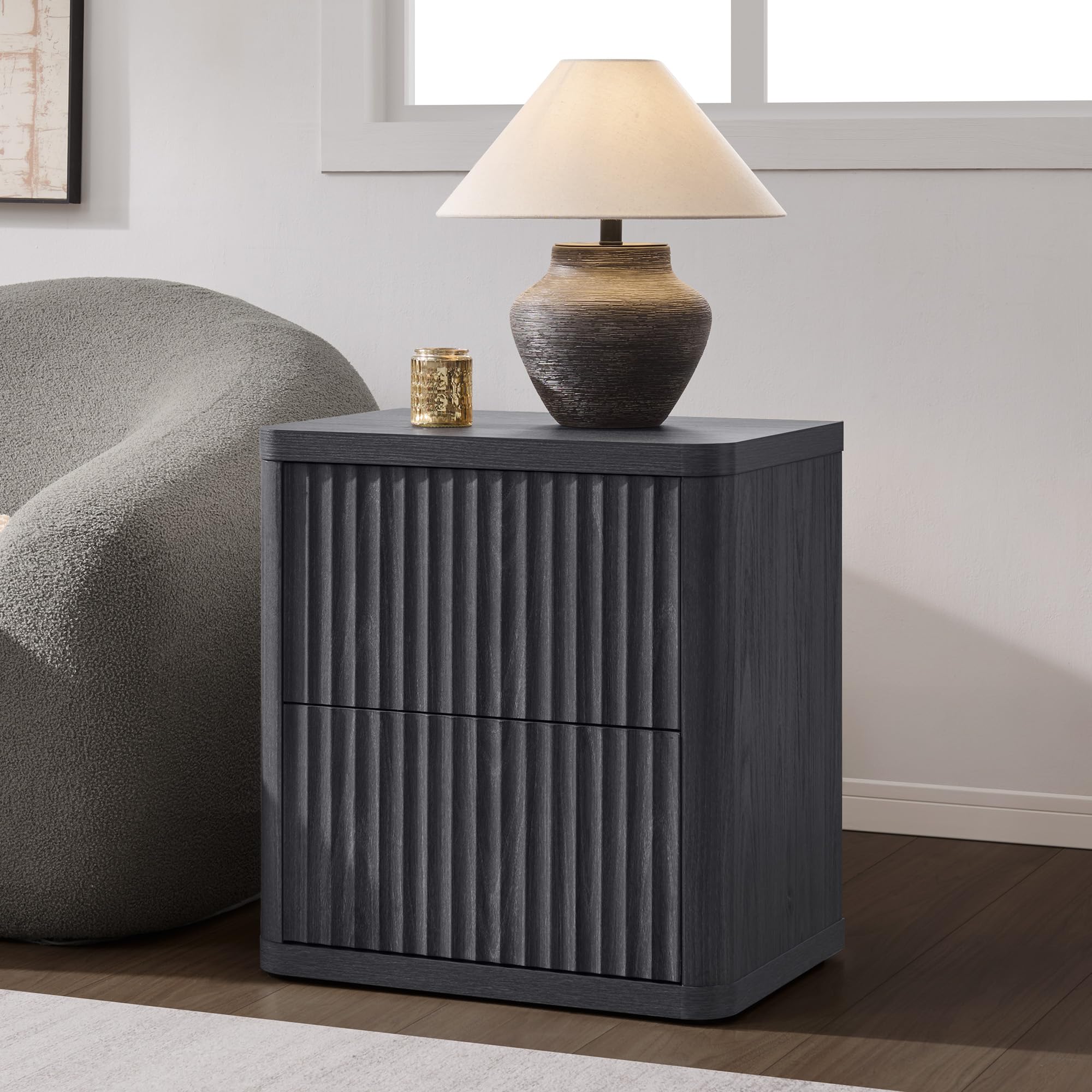SICOTAS Set of 2 Wood Nightstands - 22.75" Wide Contemporary End Tables, Fluted Modern Bedside Table Cabinets with 2 Large Handleless Drawers, Curved Edges for Bedroom Small Spaces Furniture, Bedside Table Cabinet