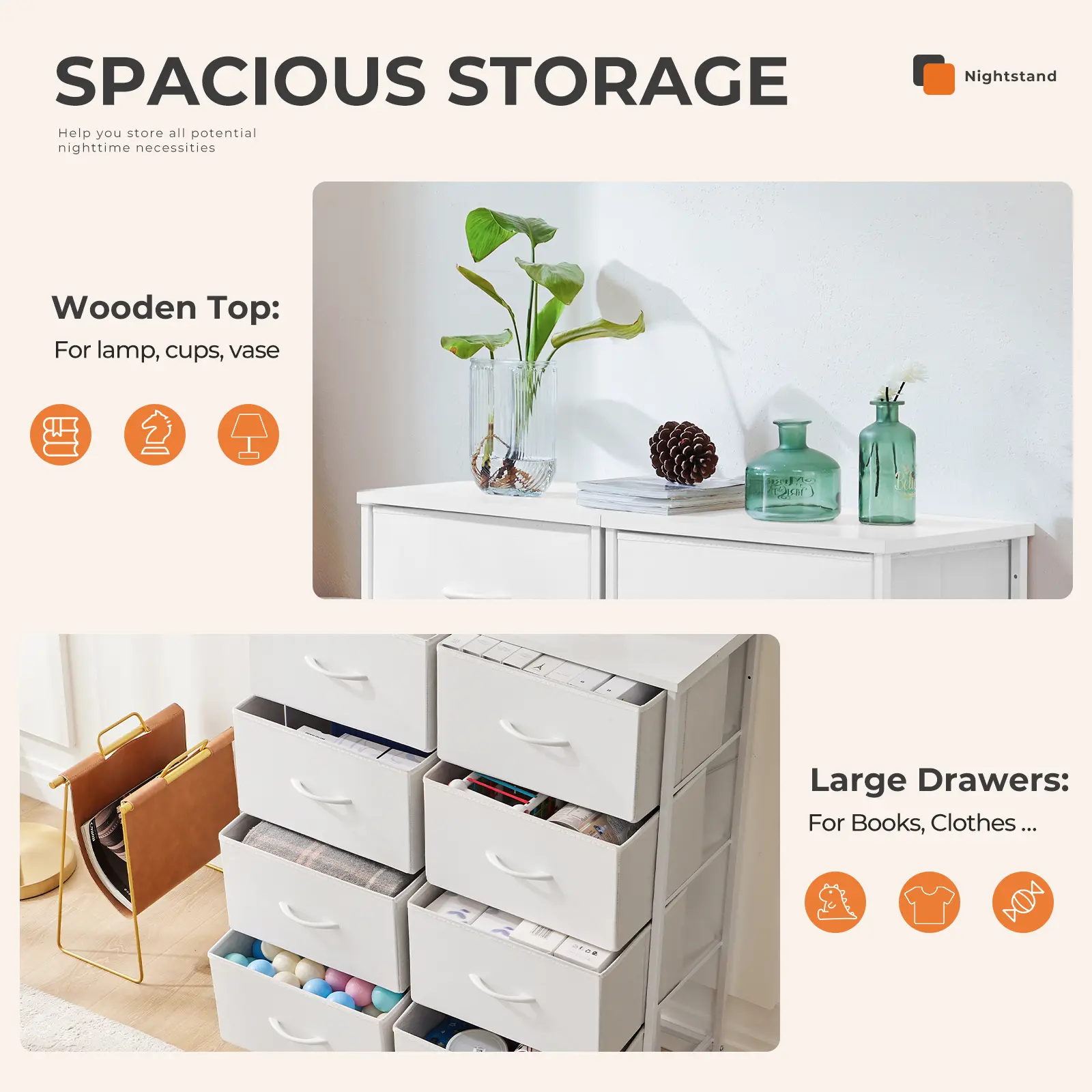 Dresser for Bedroom Drawer Dresser Organizer Storage Drawers Fabric Storage Tower, Chest of Drawers with 8 Fabric Bins, Steel Frame, Wooden Top