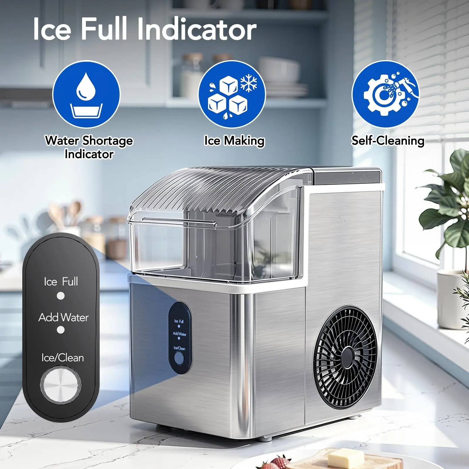 Nugget Ice Maker Countertop, Soft Chewable Nugget Ice Cubes Machine, One-Button Quick Ice Making 34Lbs/Day, Self-Cleaning, Portable Stainless Steel Ice Machine Icemachine Icemakermachine