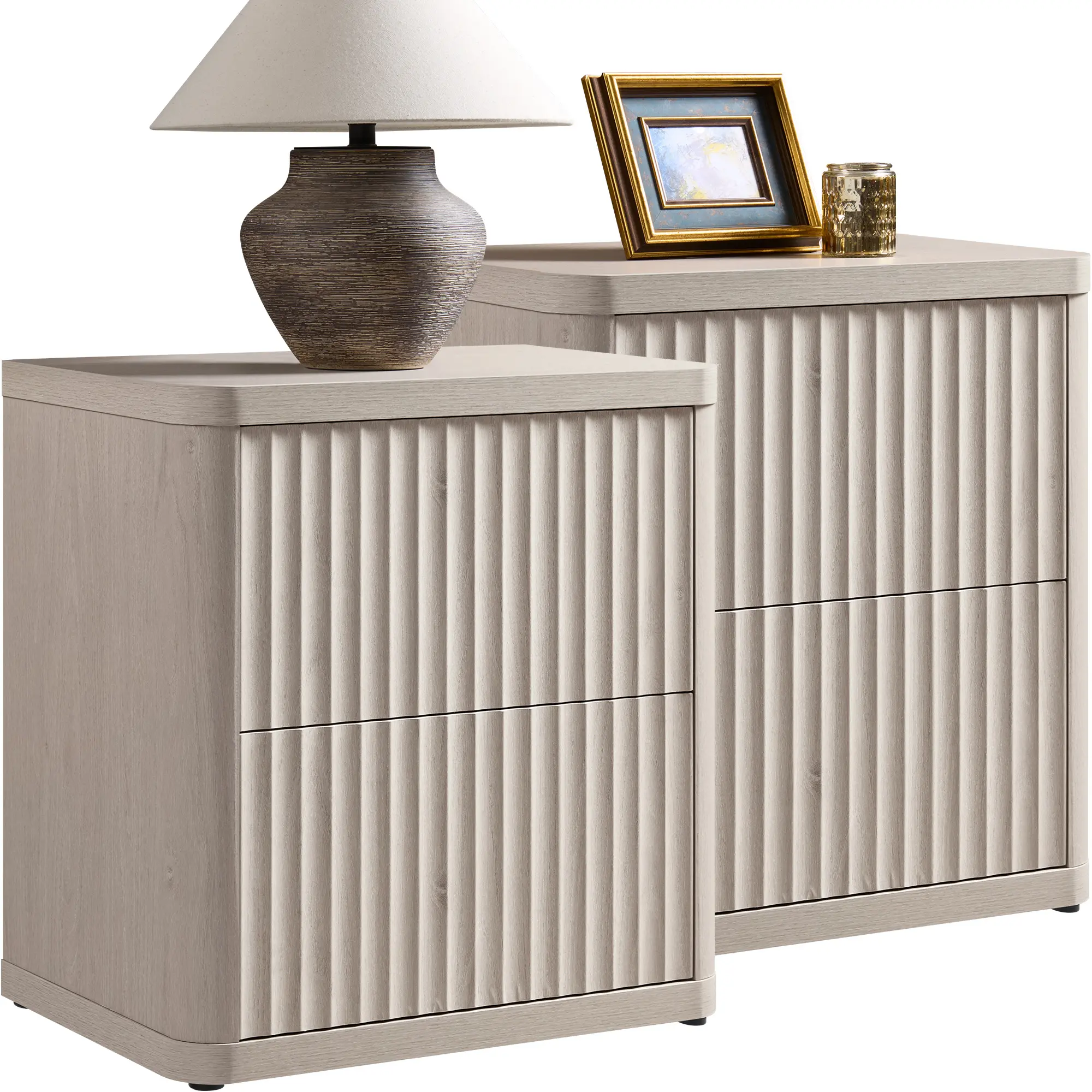 Set of 2 Contemporary Fluted Nightstands, 22.75" Wide, Handle‑Less 2‑Drawer Bedside Cabinets with Curved Edges for Small‑Space Bedrooms