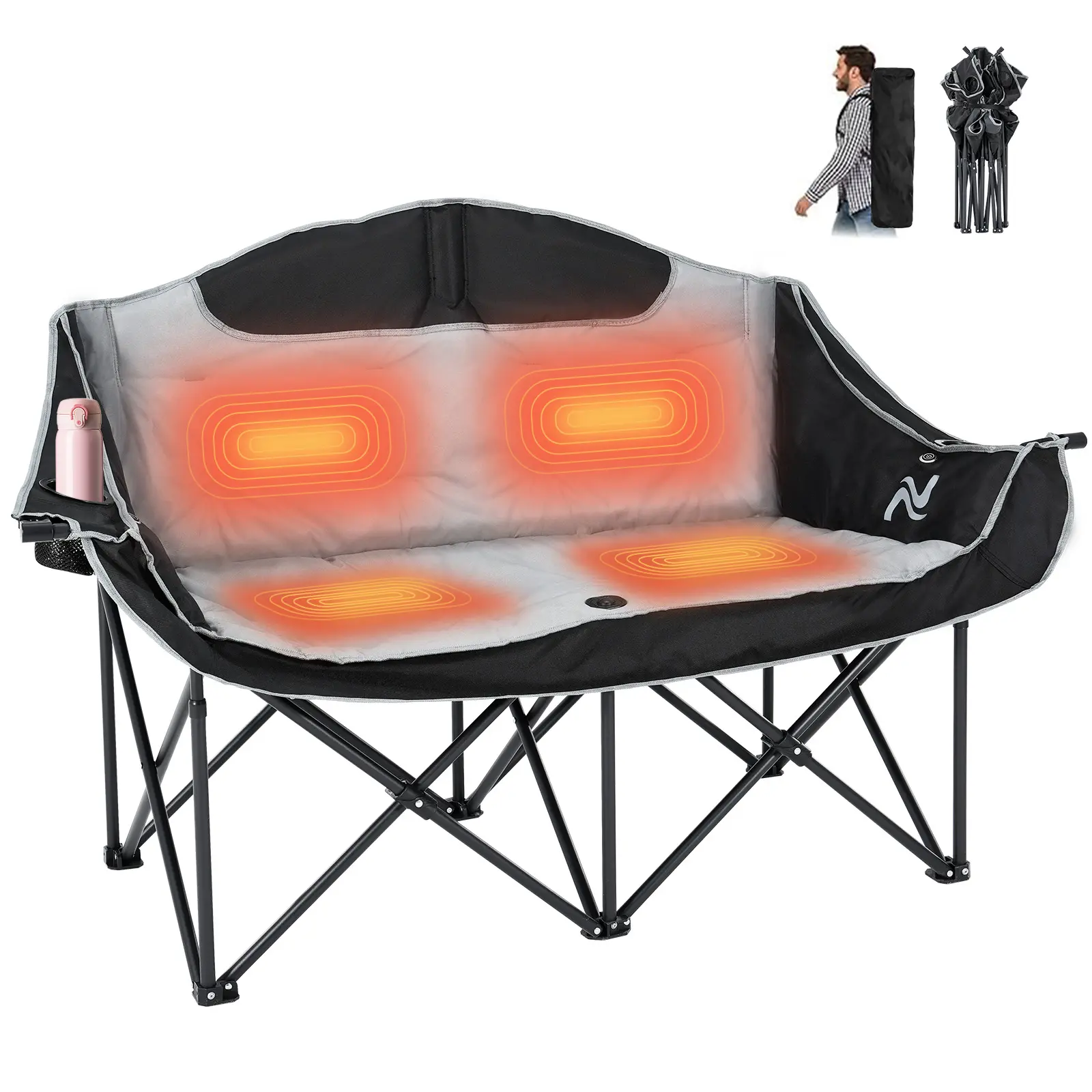 2-Person Oversized Folding Camping Loveseat, 500lbs Load Bearing Padded Outdoor Beach Chair, Portable Collapsible Oxford Fabric Chair for Garden Lawn
