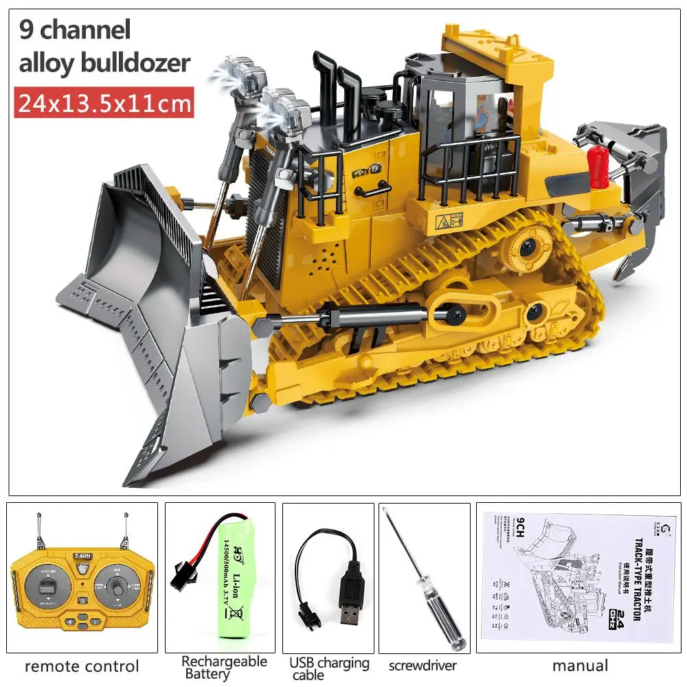 (Easy for kids!)Excavator RC Construction Truck 2.4G High-tech Remote-Control Bulldozer Construction Vehicle Electronic Toy Features lights, sounds and realistic tracks, suitable for children's play, children's gifts, birthday gifts,not 100% metal