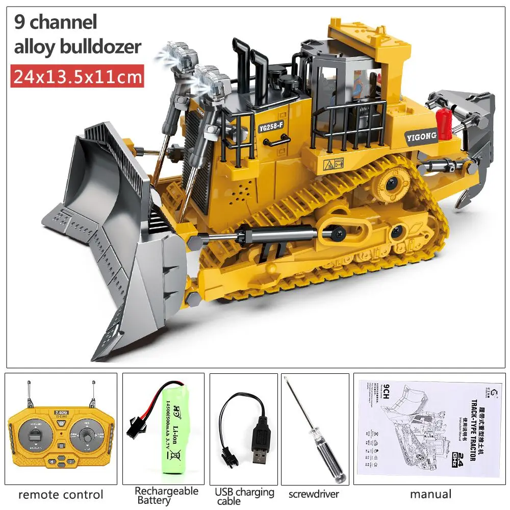 (Easy for kids!)Excavator RC Construction Truck 2.4G High-tech Remote-Control Bulldozer Construction Vehicle Electronic Toy Features lights, sounds and realistic tracks, suitable for children's play, children's gifts, birthday gifts,not 100% metal