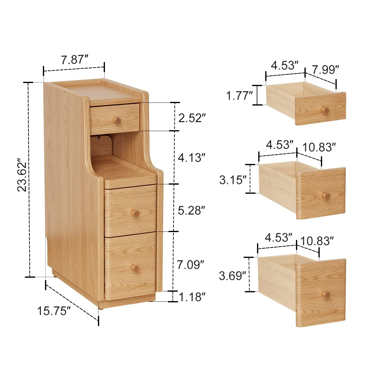 Solid Wood Fully Assembled Nightstand | 3-Drawer Slim Bedside Table, Quiet Glide, Modern Bedroom